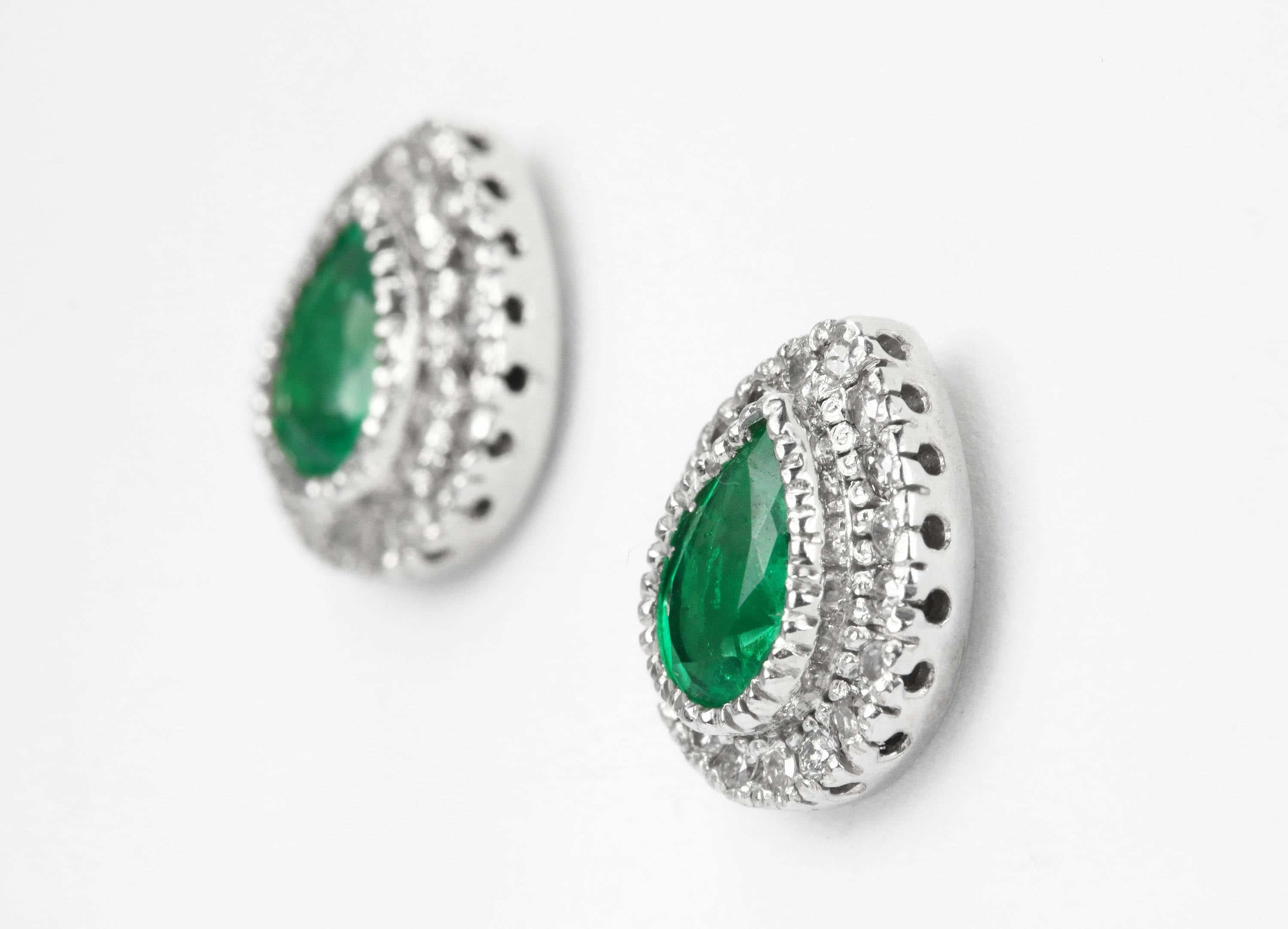 2.50tcw Pear Emerald & Diamond Halo 14K White Gold Stud Earrings - Perfect for Weddings, Parties & Special Occasions