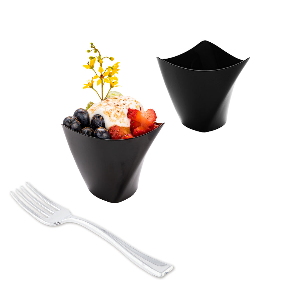 100 Pack 4 oz Black Plastic Mini Crescendo Cups & 100 Silver Plastic Mini Forks - Perfect for Parties, Weddings, and Catering Events