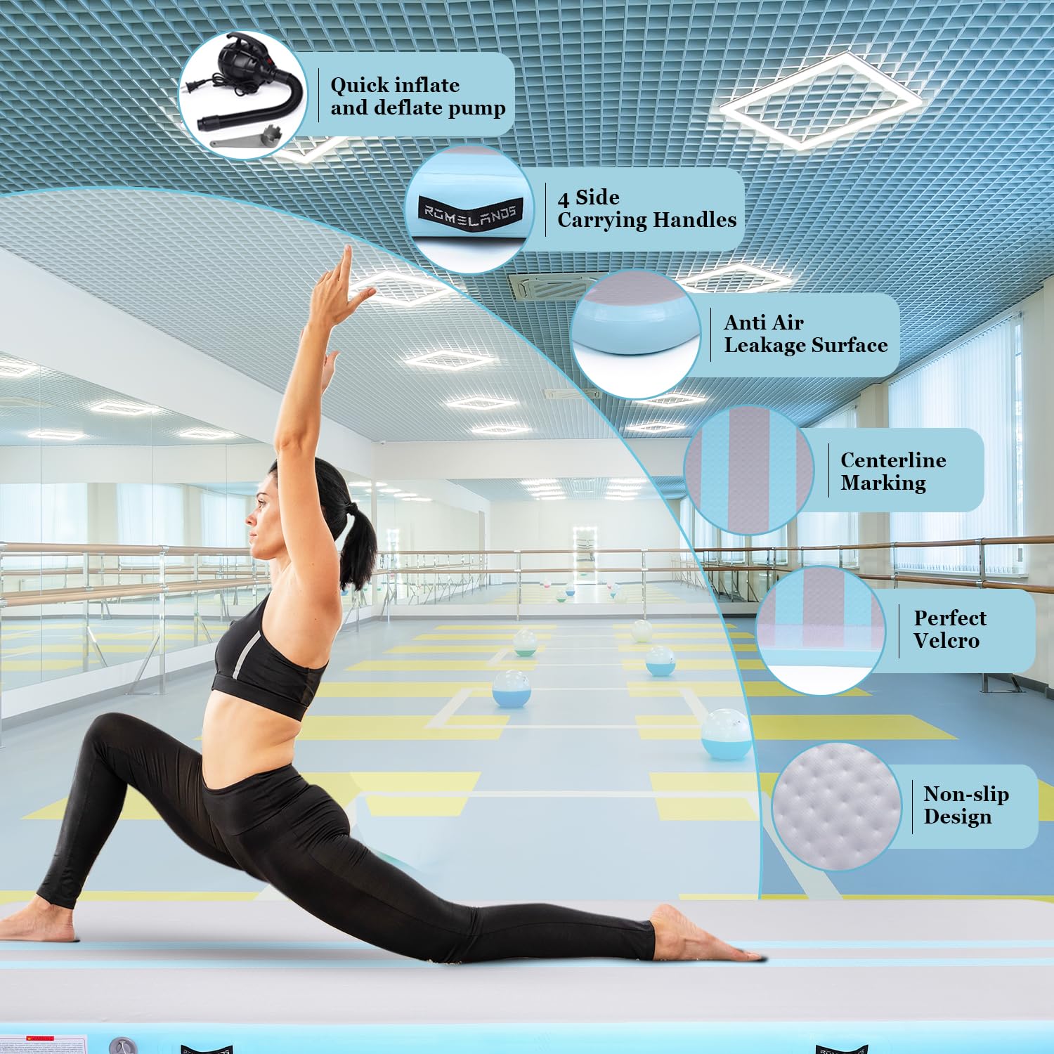 **10ft/13ft/16ft Inflatable Air Gymnastics Mat - 4 Inches Thick Tumbling Training Mat with Electric Air Pump for Home, Gym, Cheerleading, Beach & Outdoor Exercise | Perfect for Gymnastics Practice, Yoga, Kids Play & Fitness Workouts**