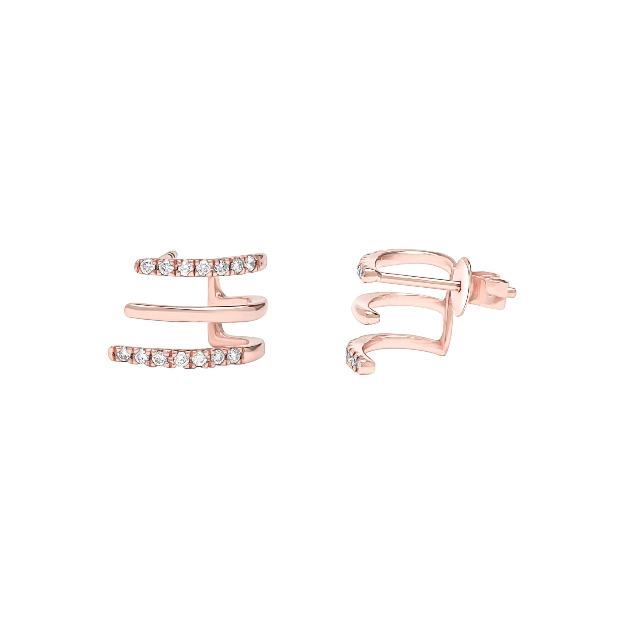 14k Rose Gold Diamond Triple Huggie Illusion Stud Earrings for Women - Elegant Everyday & Special Occasion Jewelry Gift