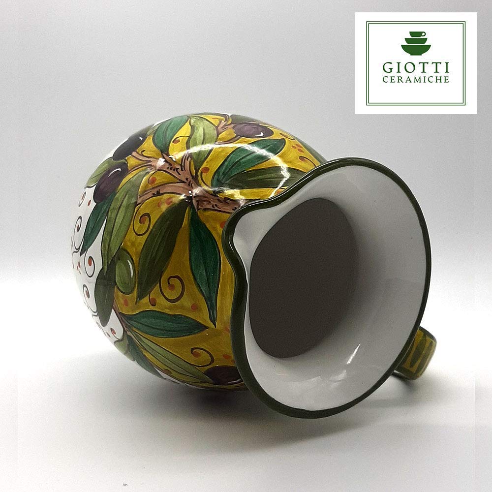 Italian Ceramic Pitcher 33oz - Hand Painted Olive Green Kitchen Carafe & Utensil Holder - Tuscan Pottery Wine Dispenser - Authentic Italian Home Decor for Dining Table, Kitchen Counter & Rustic Farmhouse Style