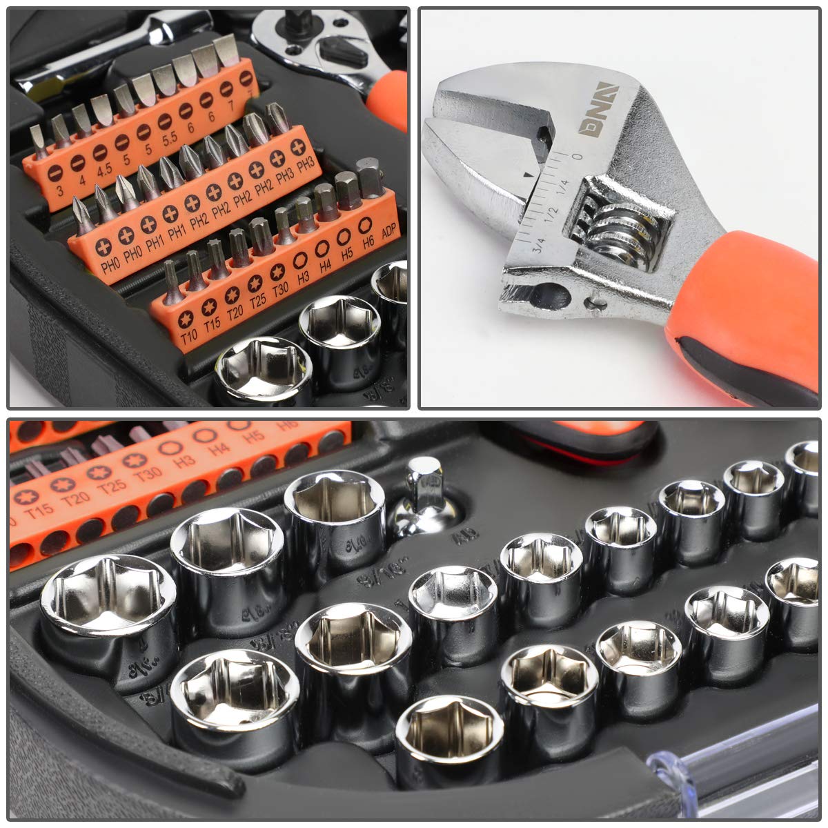 DNA Motoring TOOLS-00026 64-Piece Mechanic's Tool Set - Auto & Home Repair Kit with Screwdriver Bits, Ratchet, Wrench - Orange/Black Hand Tool Box for Car Maintenance, DIY Projects, and Household Fixes