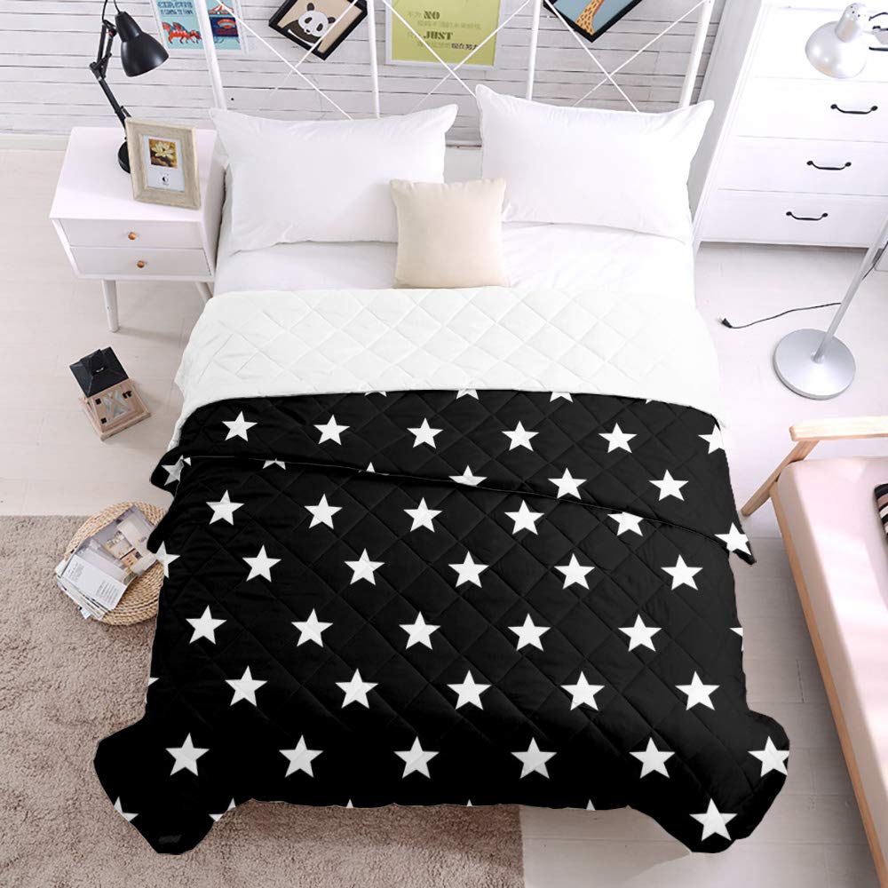 Soft Breathable Cotton Quilted Comforter - Black with White Stars Patriotic Throw Blanket | All-Season Lightweight Bedspread & Coverlet | Oversized King Size for Bed, Sofa & Home Decor