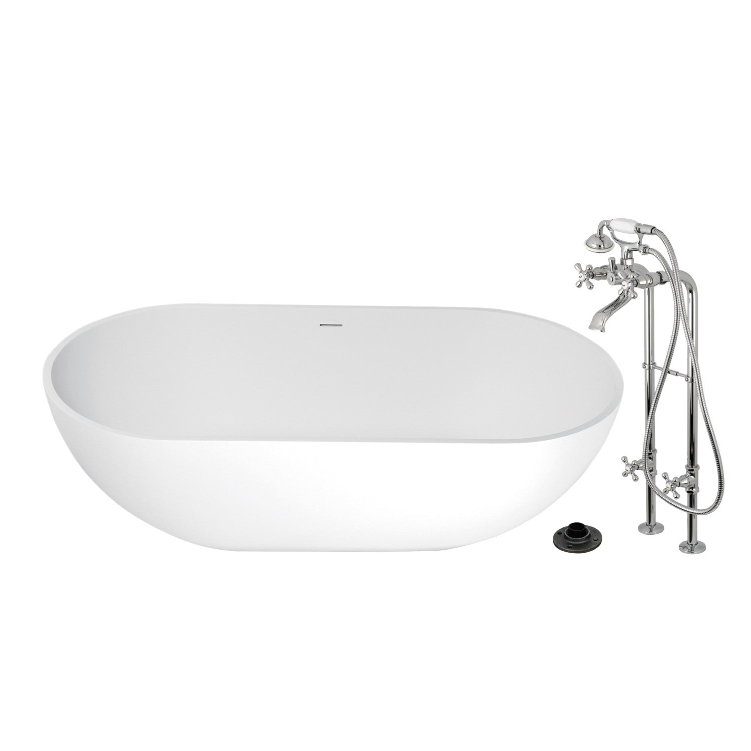 Arcticstone 70 Inch Freestanding Oval Bathtub with Faucet - Solid Surface Double Ended Soaking Tub - Polished Chrome Finish - Perfect for Luxury Bathrooms & Spa Retreats