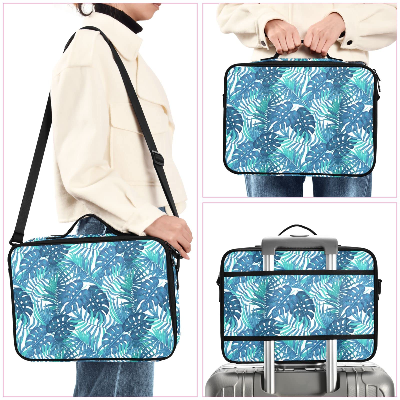 Blue Tropical Leaves Makeup Bag for Women - Travel & Cosmetic Organizer
