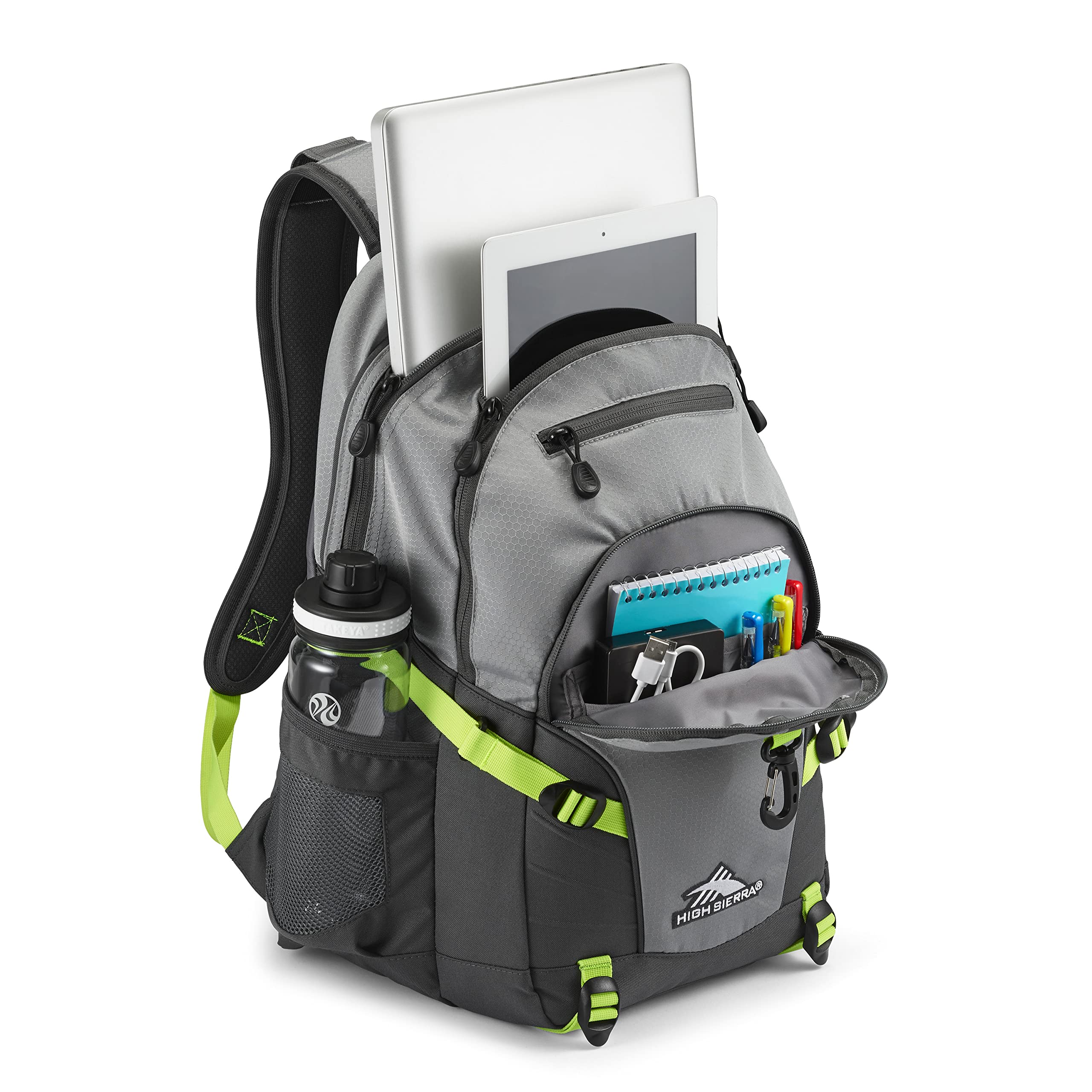 High Sierra Loop Backpack - Durable Travel & Work Laptop Backpack with Tablet Sleeve, One Size Fits All, Steel Grey/Mercury/Neon Green - Perfect for Commuting, School, Hiking & Business Trips