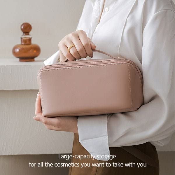 YINGZI Large Waterproof Leather Cosmetic Bag for Women - Travel Toiletry Organizer with Multifunction Storage, Pink | Perfect for Skincare, Makeup & Travel Essentials
