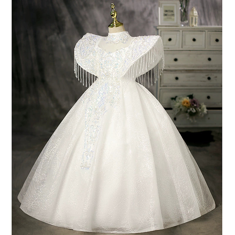 Elegant White Princess Mock Neck Floor-Length Polyester Flower Girl Dress for Weddings & Special Occasions