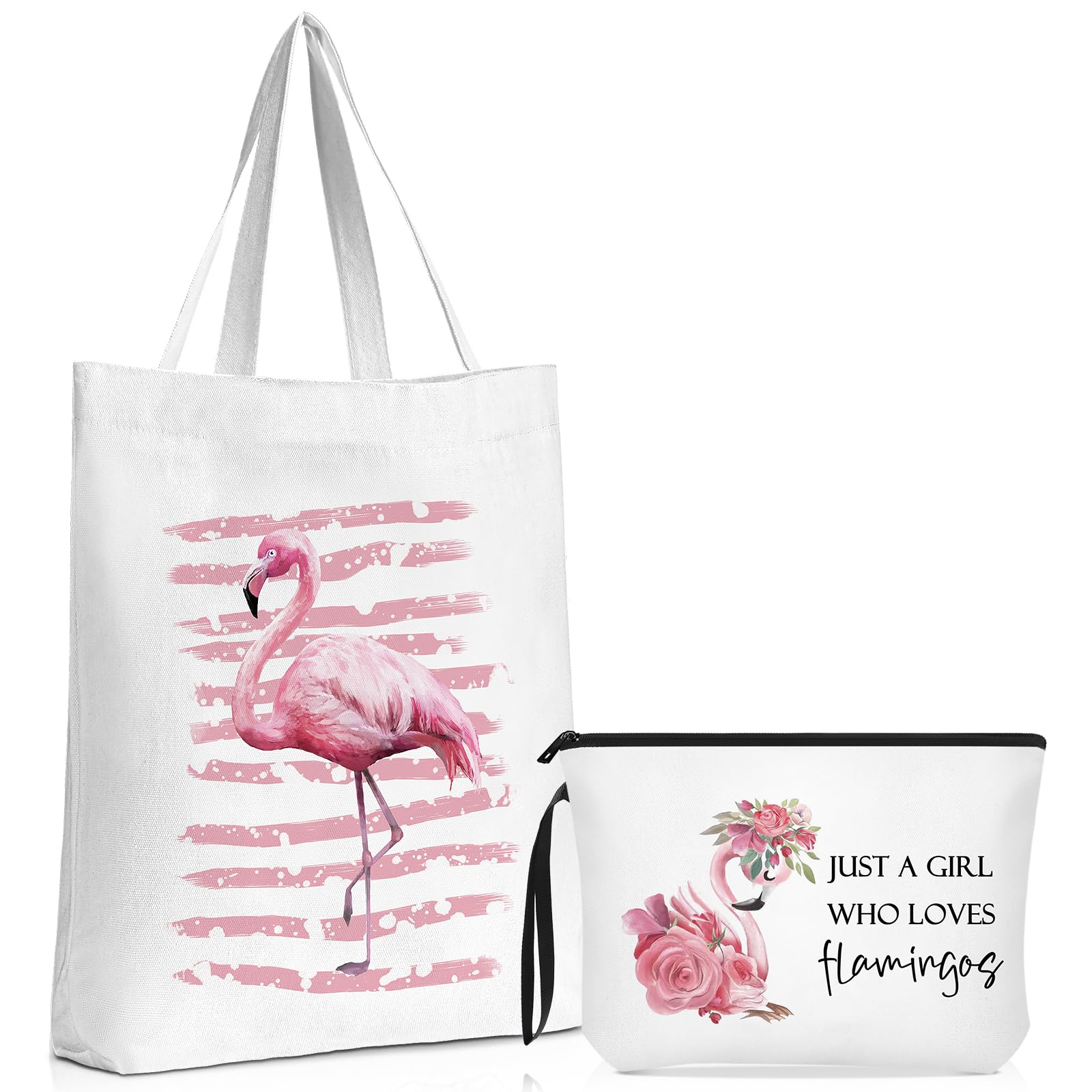 2 Pack Flamingo Canvas Tote Bags & Zipper Makeup Pouches - Cute Animal Lovers Gift Set for Women, Friends, Sisters - Perfect for Beach, Shopping & Birthday Gifts (Pink Flamingo Design)