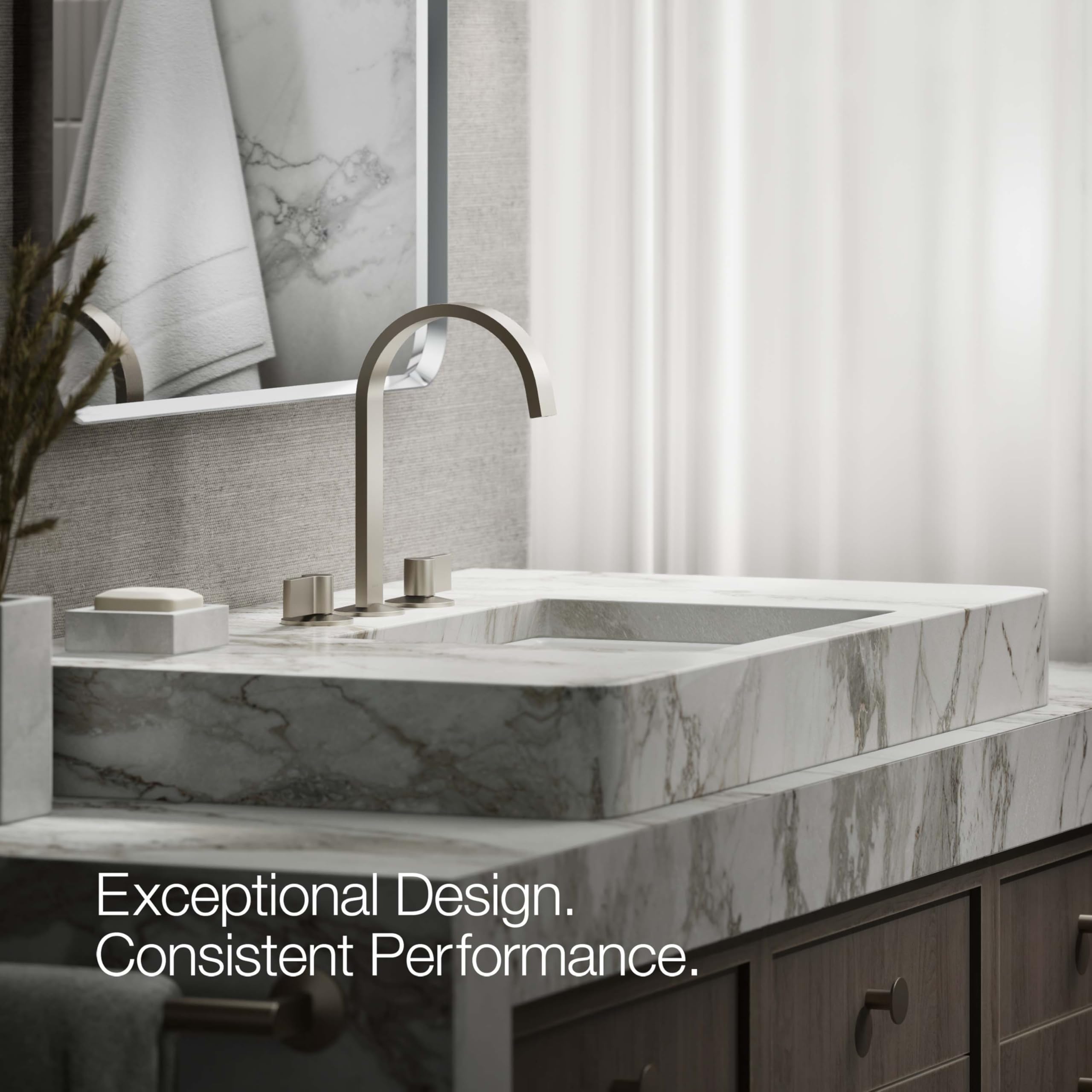 Kohler Ribbon Design Bathroom Sink Faucet - Modern Waterfall Spout for Vanity & Powder Room Sink (Brushed Nickel Finish) - Perfect for Home Renovation & Luxury Bathroom Upgrade