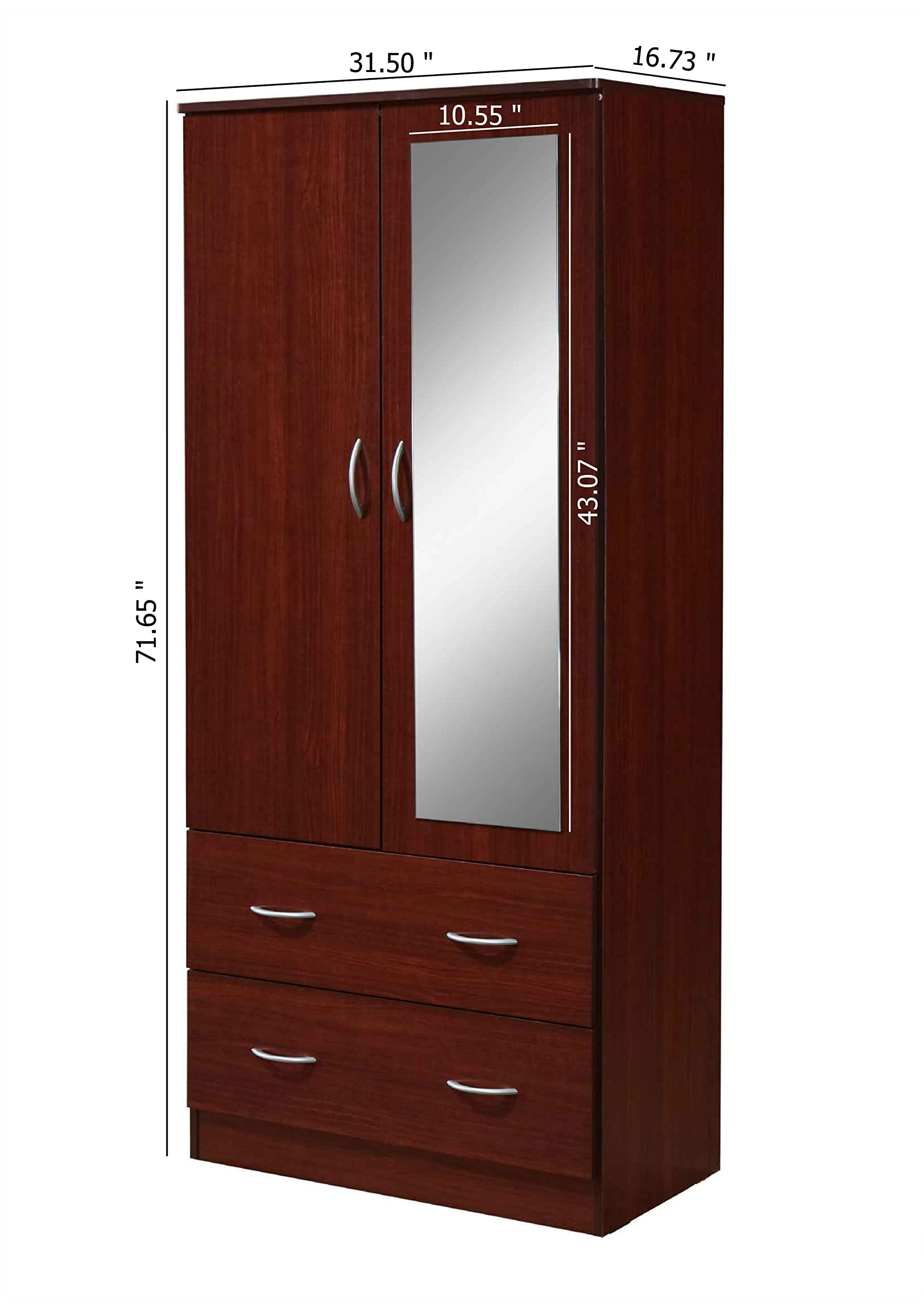 HODEDAH 2-Door Wood Wardrobe Closet with Mirror, Clothing Rod & 2 Storage Drawers - Mahogany Finish Bedroom Furniture for Organizing Clothes, Shoes & Accessories | Perfect for Master Bedroom, Guest Room & Dorm Organization