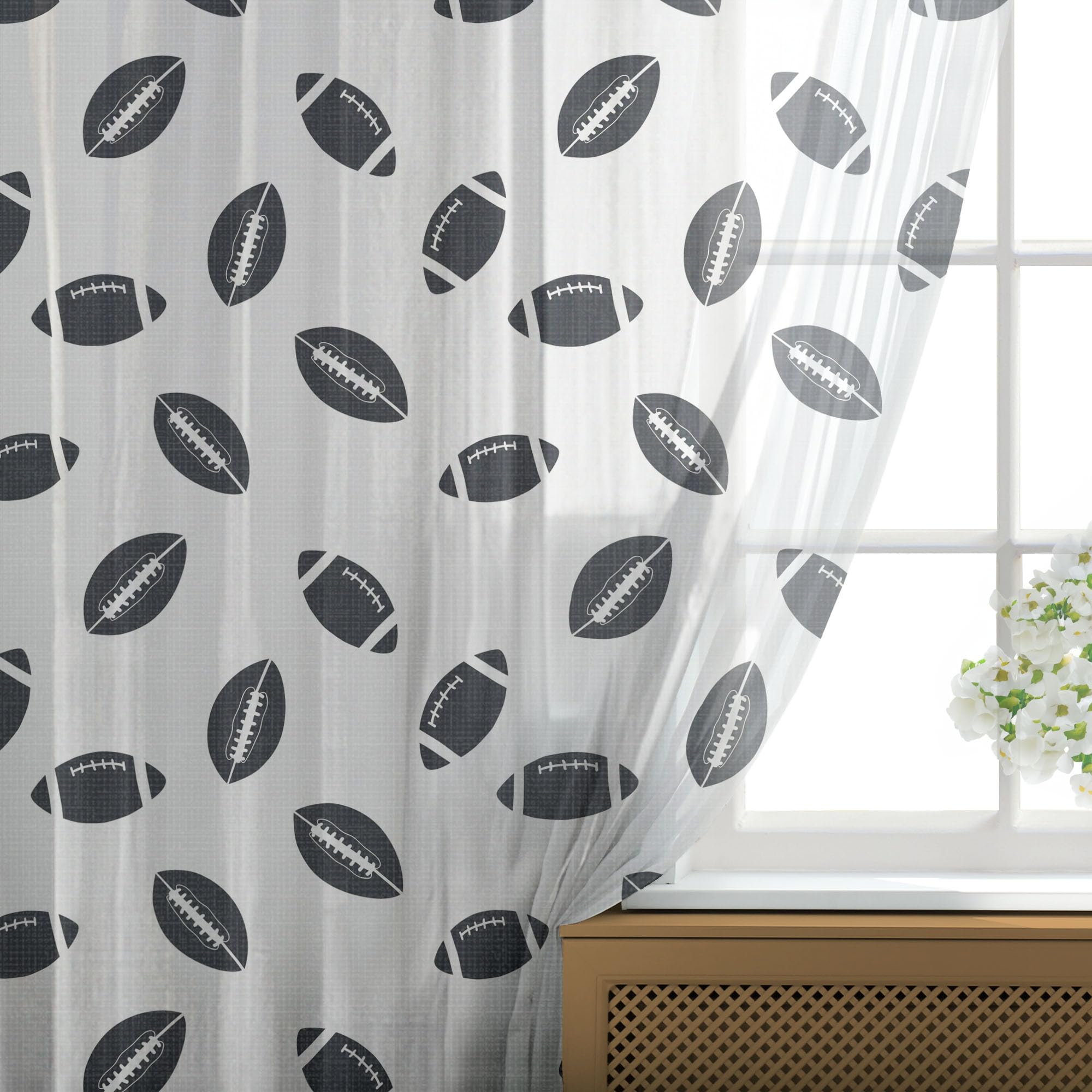 Ambesonne American Football Tulle Curtains - Black & White Monochrome Rugby Ball Design, 108