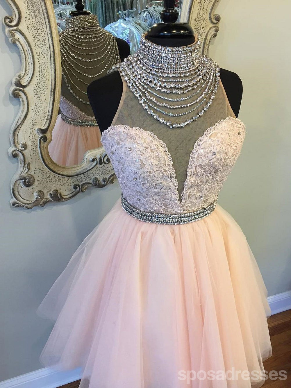 Elegant High Neck Rhinestone Sheer Pink Homecoming Dress 2018 - CM496 | Perfect for Prom, Party, and Special Occasions
