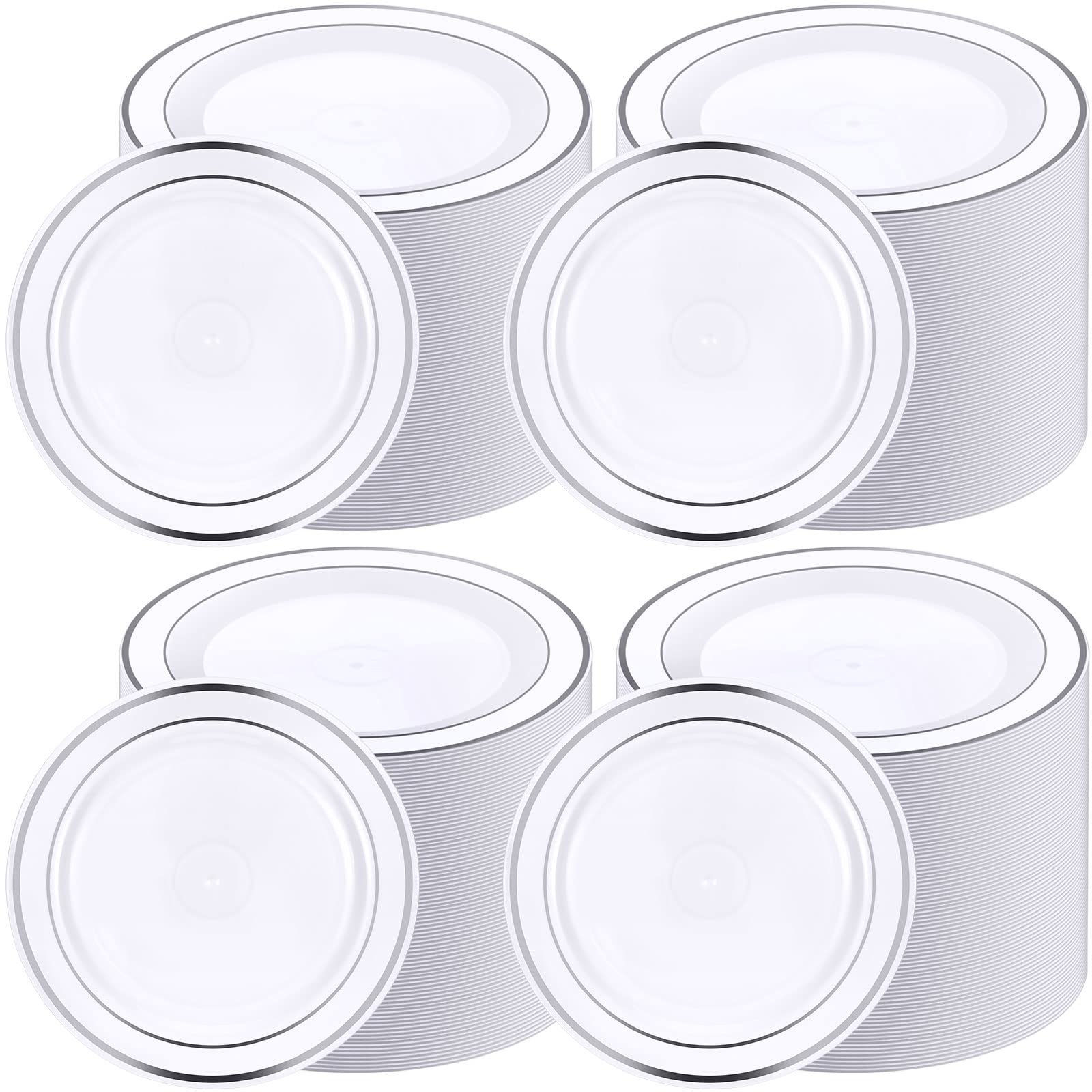 150-Piece Disposable Plastic Plates Set - 7.5 Inch White Silver Salad & Dessert Plates with Decorative Rim - Bulk Party Supplies for Weddings, Birthdays, Picnics & Catering Events (Ideal for Serving Cakes, Appetizers & Finger Foods)
