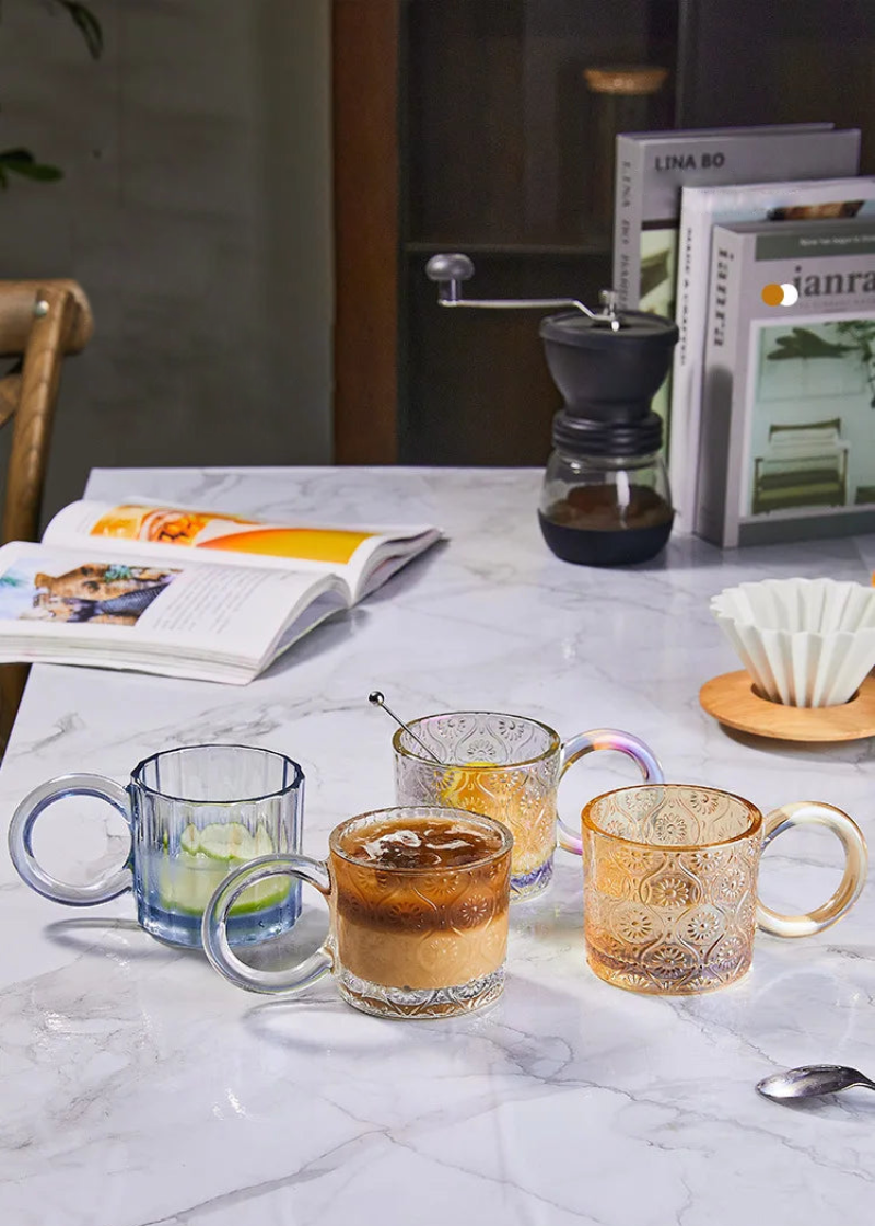 Opa Ring Glass Mug - 12oz Clear Glass Coffee Cup with Handle, Perfect for Hot Tea, Iced Coffee, and Smoothies at Home, Office, or Cafe