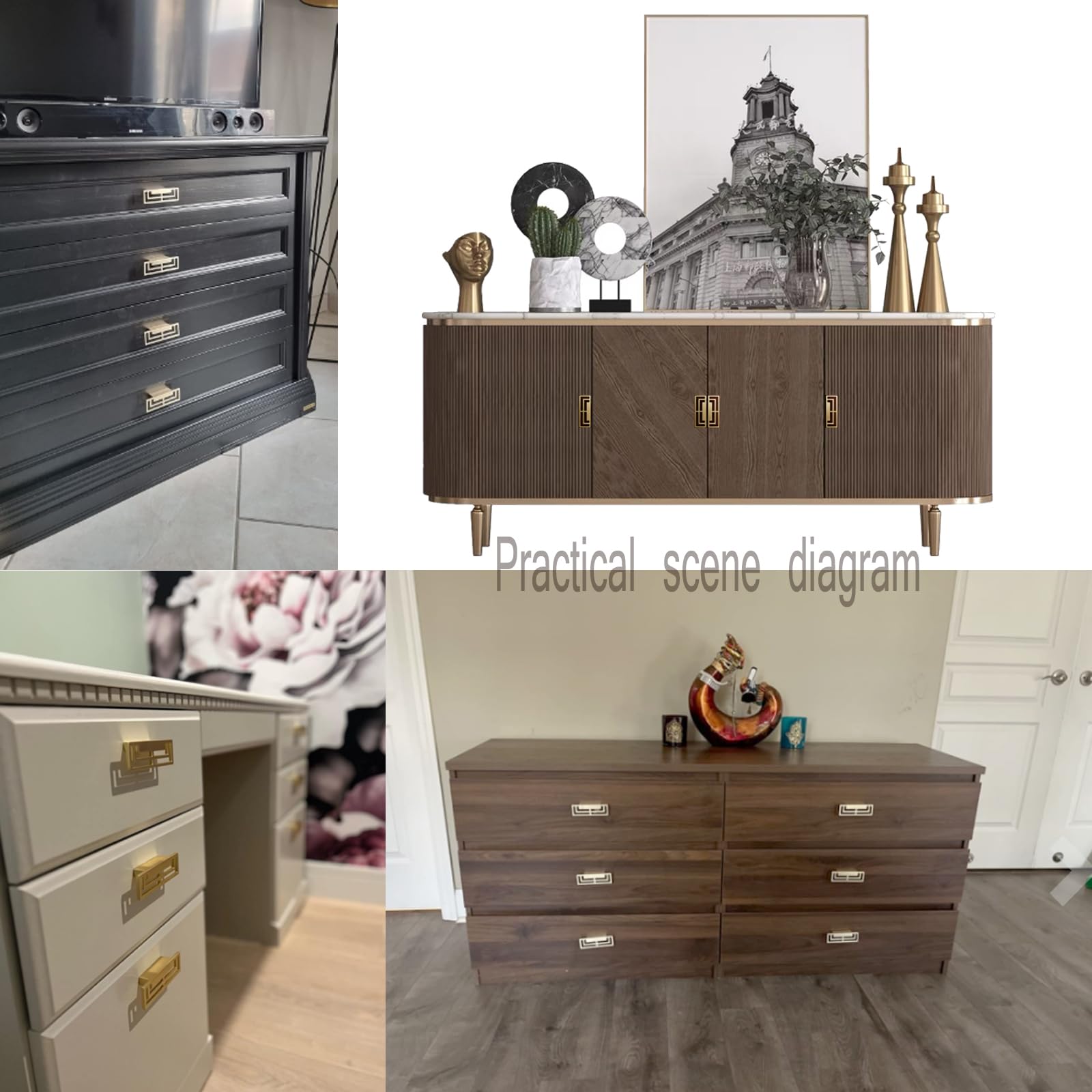 6Pcs Gold Brushed Drawer Handles Pulls - Modern Chinese Auspicious Pattern Cabinet Knobs, 32mm Double Hole Golden Copper Handles for Closet, TV Stand, Dresser & Furniture Hardware (Home Decor Upgrade)