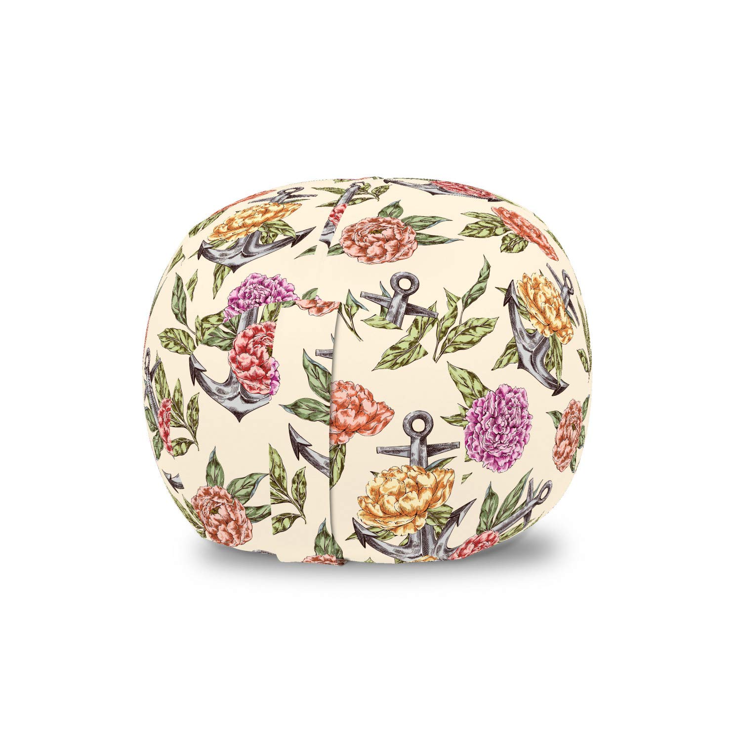 Ambesonne Floral Storage Toy Bag Chair - Colorful Vintage Peonies Anchors Leaves Hand Drawn Design, Washable Stuffed Animal Organizer, Small Multicolor for Kids' Room, Nursery, or Playroom Storage Solution