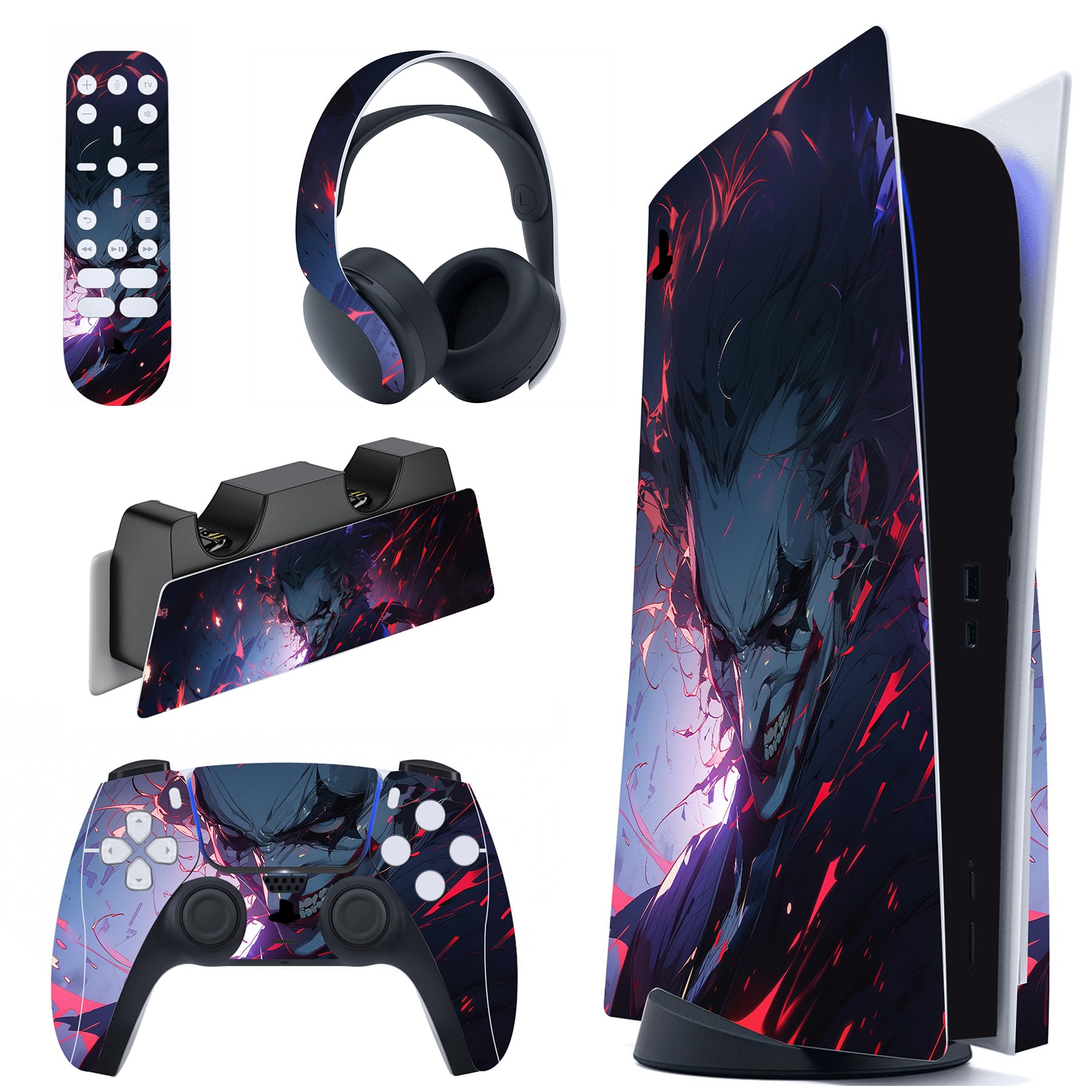 PlayVital Evil Clown Full Skin Decal Set for PS5 Console Disc Edition - Protective Vinyl Stickers for PS5 Controller, Charging Station, Headset & Media Remote - Perfect for Gaming Setup and Themed Decor