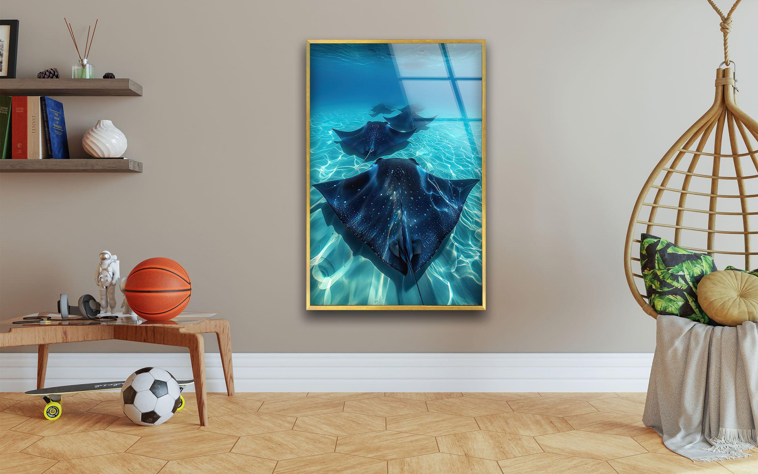 Blue Manta Ray Glass Wall Art - Handcrafted Ocean Themed Decor for Living Room, Bedroom & Office - Perfect Coastal Home Decor Gift
