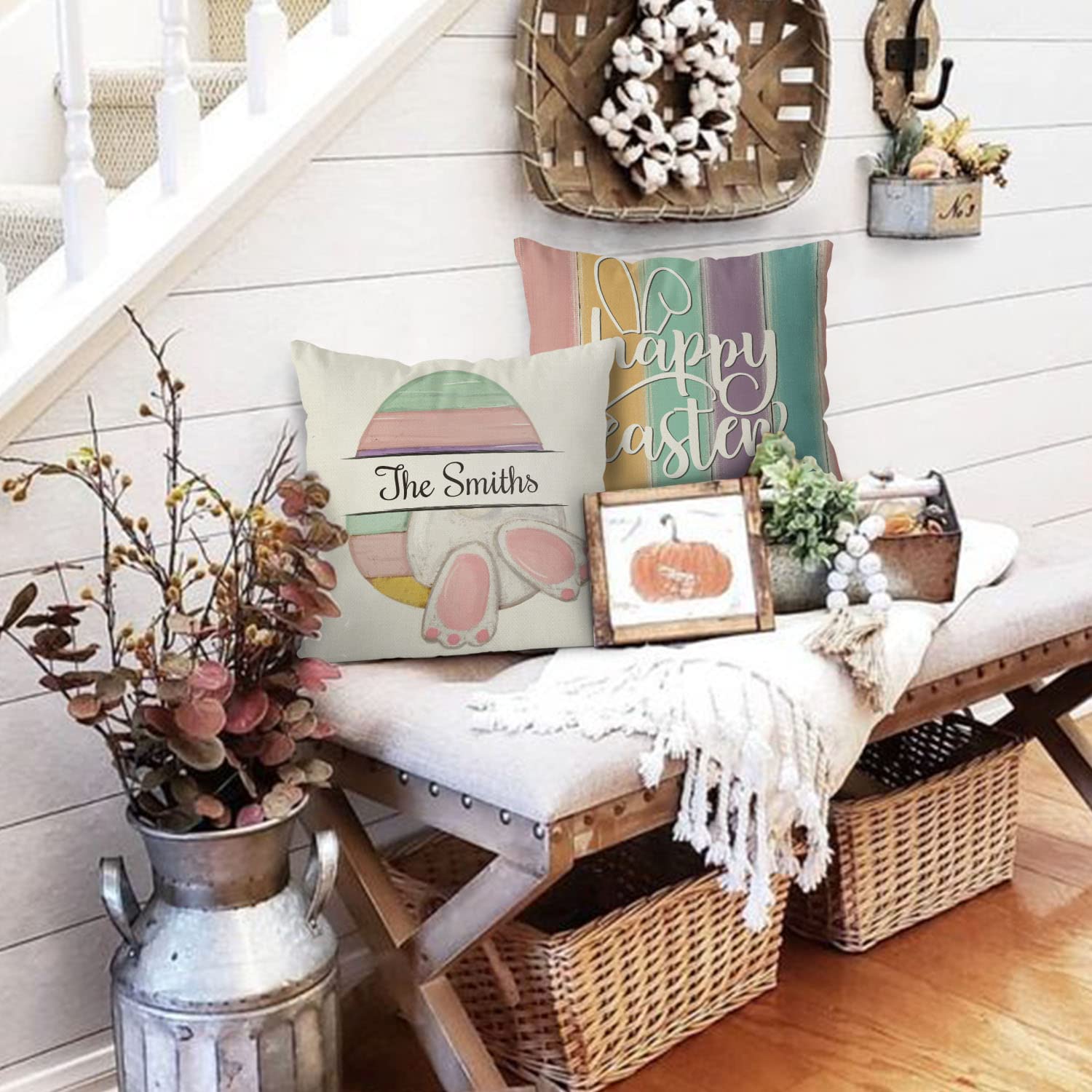 Personalized Easter Pillow Covers Set of 2 - Custom Family Name Bunny Rabbit Egg Design - 18x18 Inch Polyester Cushion Cases for Sofa, Couch, Bed - Perfect for Spring Decor, Easter Gifts & Home Accents