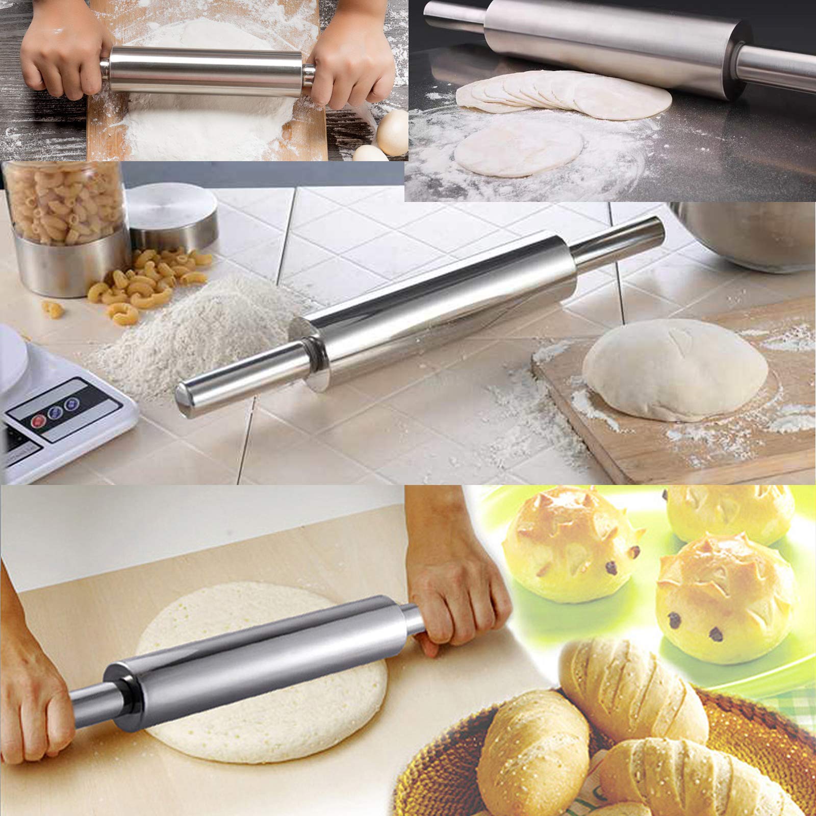 Stainless Steel Rolling Pin with Comfortable Handle - Perfect for Baking Fondant, Pie Crust, Cookies, Pastry, Pasta & Pizza Dough - Silver Kitchen Baking Tool for Home Bakers & Professional Chefs (Model JMS-0030-M) - Ideal for Cake Decorating, Pie Making & Italian Cooking