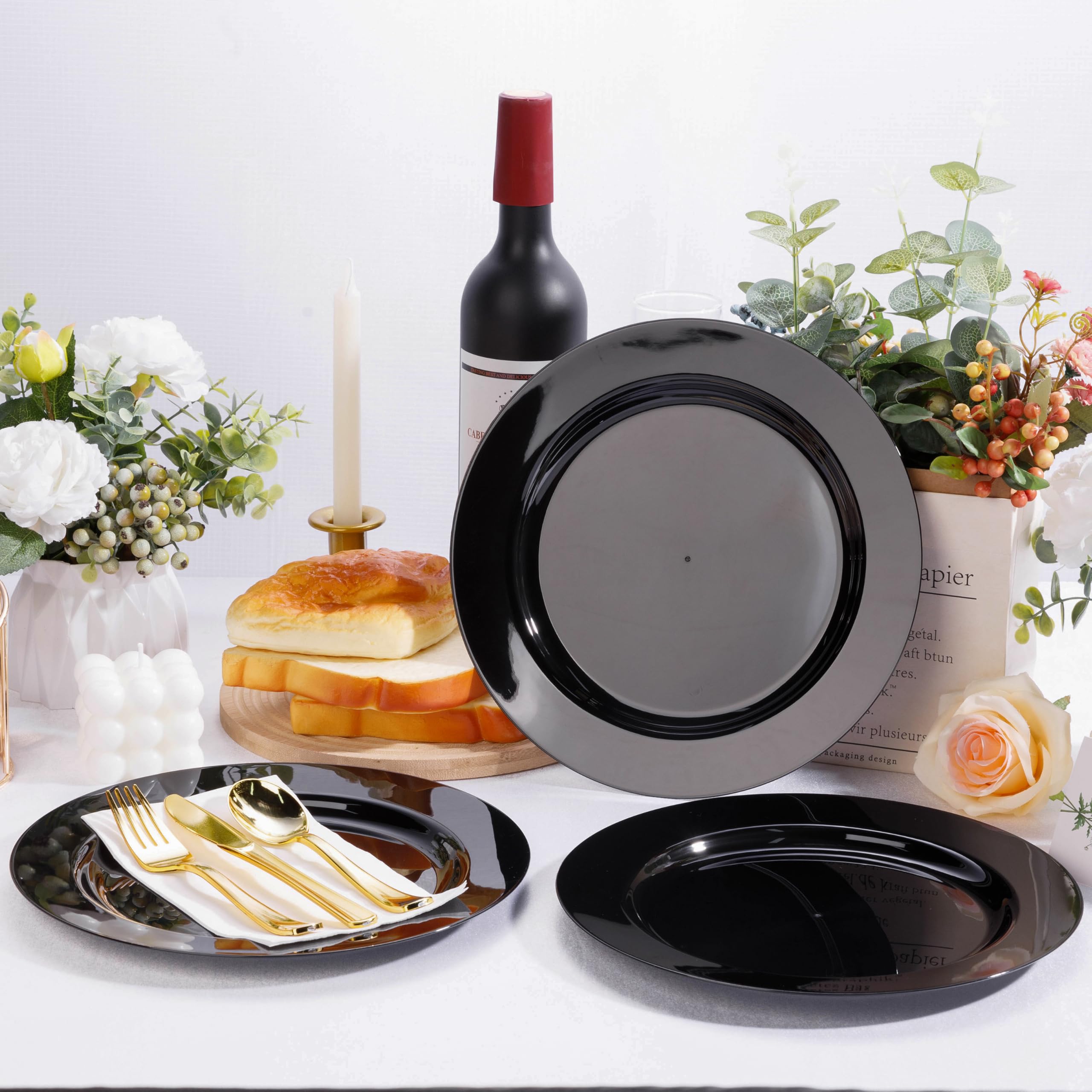 100-Pack Black Disposable Plastic Plates - 50 Dinner Plates (10.25 Inch) & 50 Dessert Plates (7.5 Inch) for Parties, Weddings, Easter Celebrations - Perfect for Large Gatherings and Events