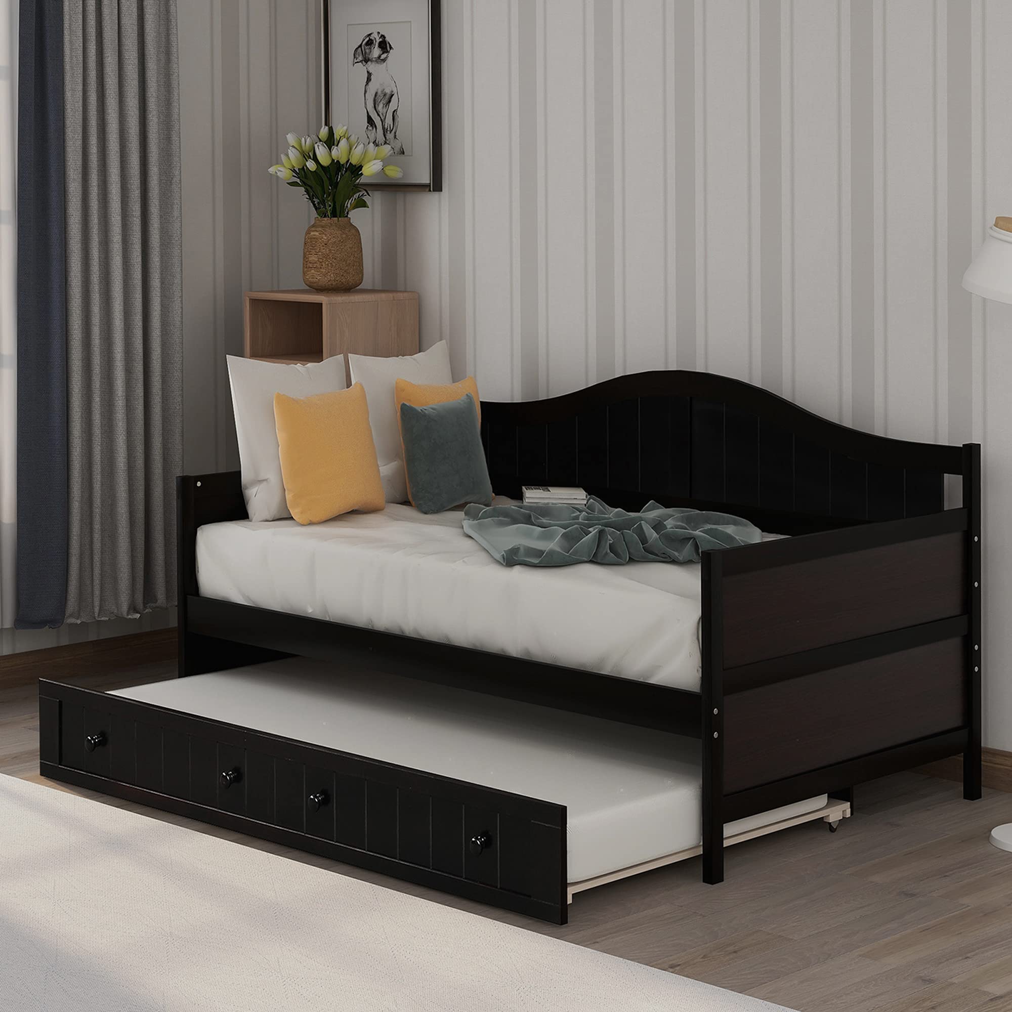 P PURLOVE Wood Twin Daybed with Trundle - Convertible Sofa Bed Frame for Bedroom & Living Room - Espresso Finish - Perfect for Guest Rooms, Small Spaces & Multi-Functional Furniture Needs