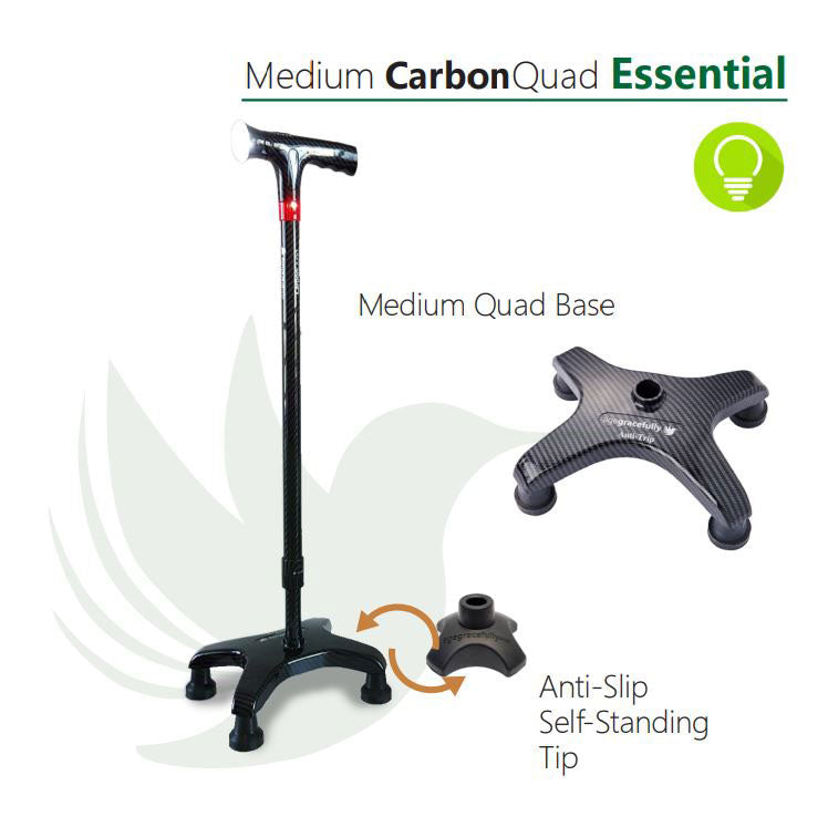 Smart Walking Cane with Medium Carbon Quad Base - Lightweight & Adjustable Mobility Aid for Seniors, Hiking, and Outdoor Activities