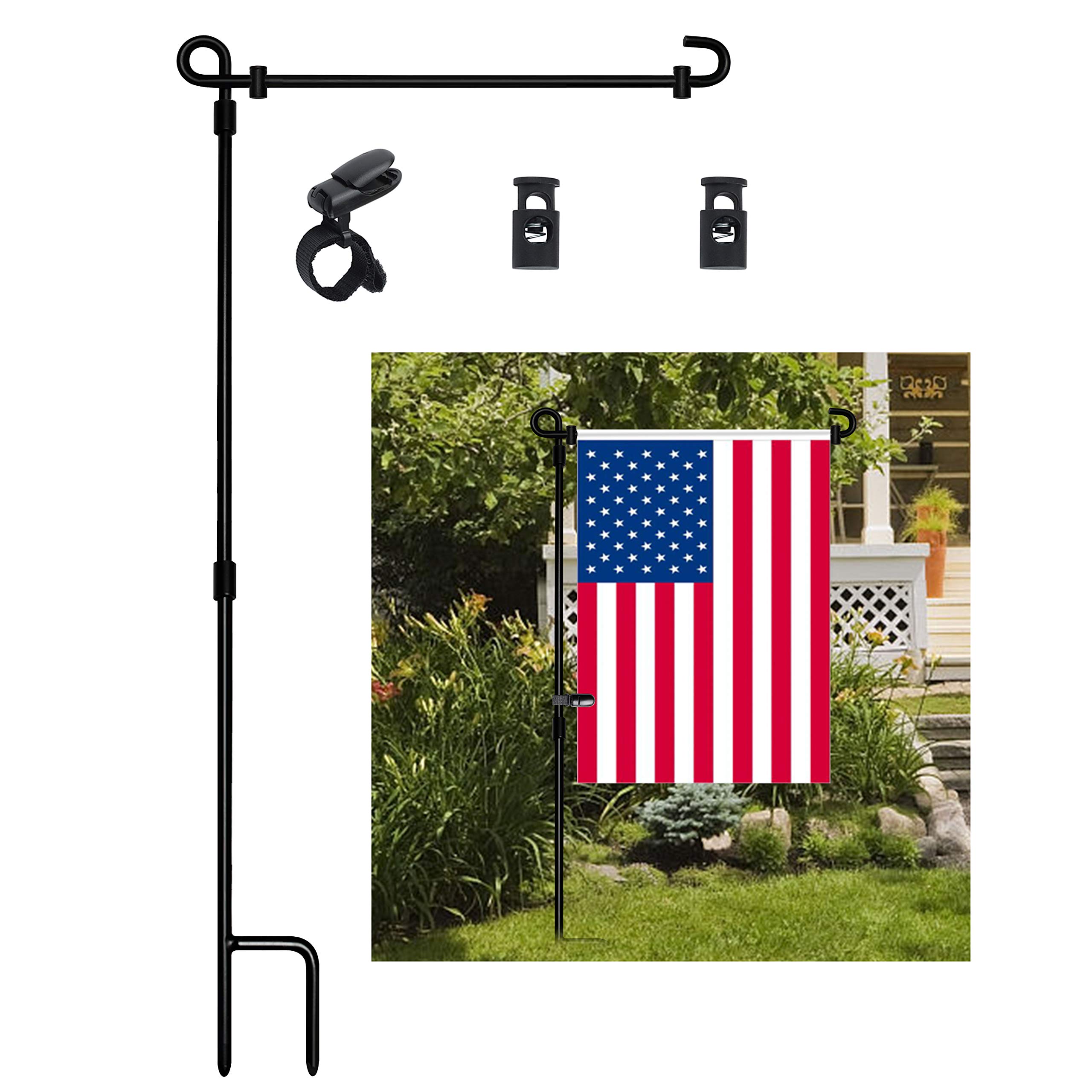 Premium HOOSUN Garden Flag Stand - Heavy Duty Metal Powder-Coated Weatherproof Flag Pole Holder with Tiger Clip & 2 Spring Stoppers (Flag Not Included) - Perfect for Front Yard Decor, Seasonal Displays & Outdoor Home Decorations