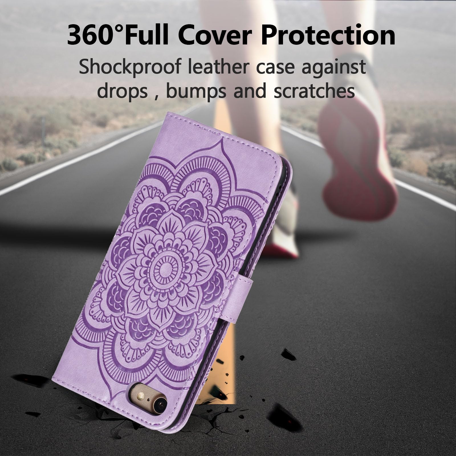 EYZUTAK Premium Leather Mandala Flip Wallet Case for iPhone SE (2022/5G), iPhone 7, iPhone 8, iPhone SE (2020) - Slim Magnetic Stand Cover with Card Slots & Lanyard, Embossed Purple Design - Perfect for Daily Use, Travel, and Business Meetings