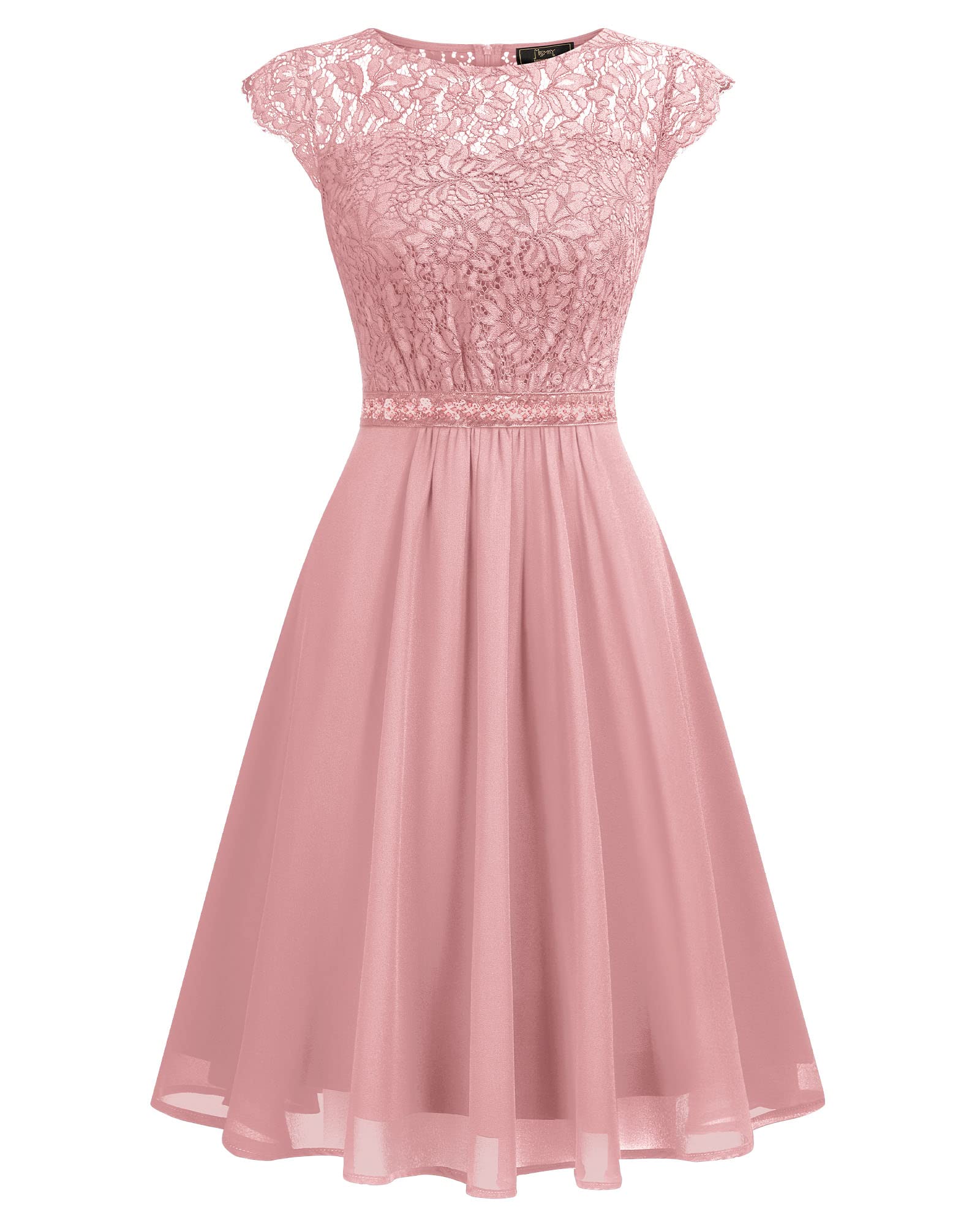 MISSMAY Women's Elegant Floral Lace Beaded A-Line Formal Party Dress for Wedding, Prom, Evening Gala & Special Occasions