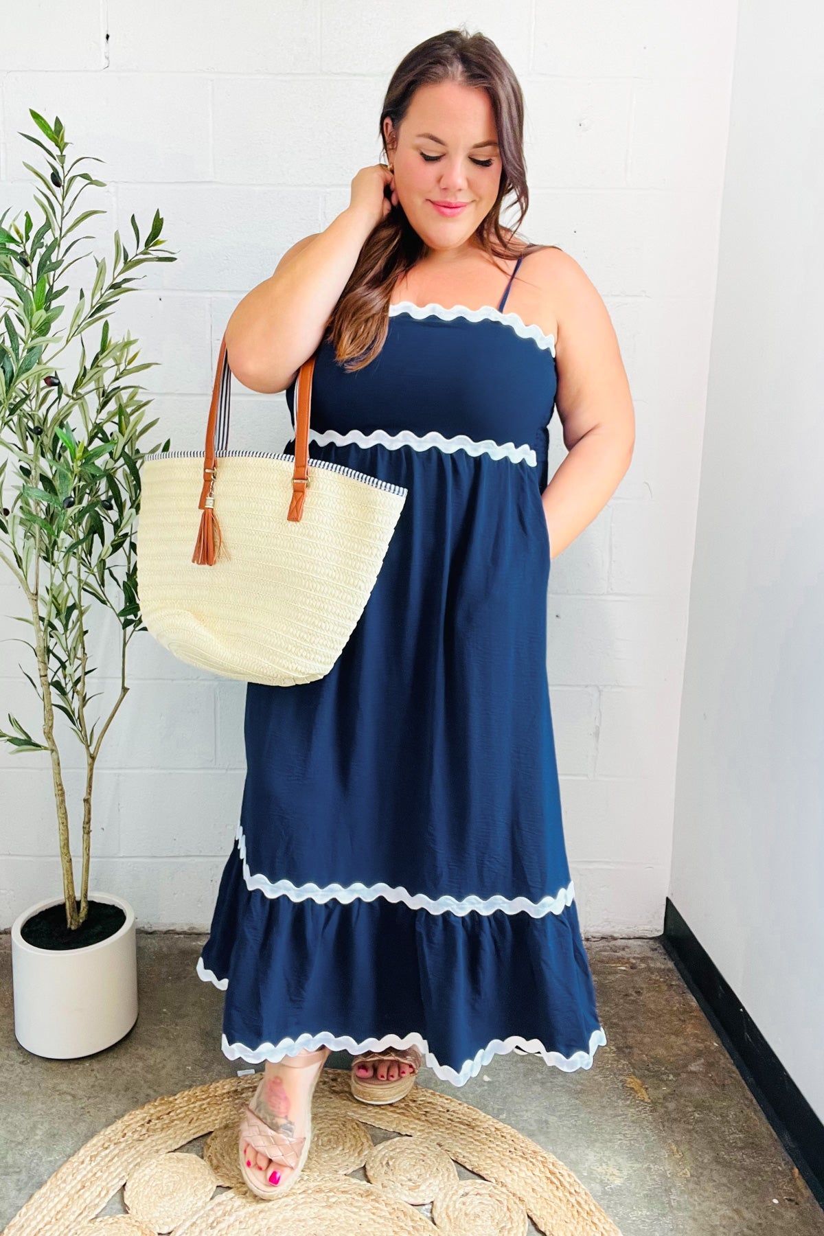Bold & Sassy Navy Blue Square Neck Maxi Dress with Ric Rac Trim & Adjustable Straps - Perfect for Summer Beach Vacations, Date Nights & Boho Chic Outfits