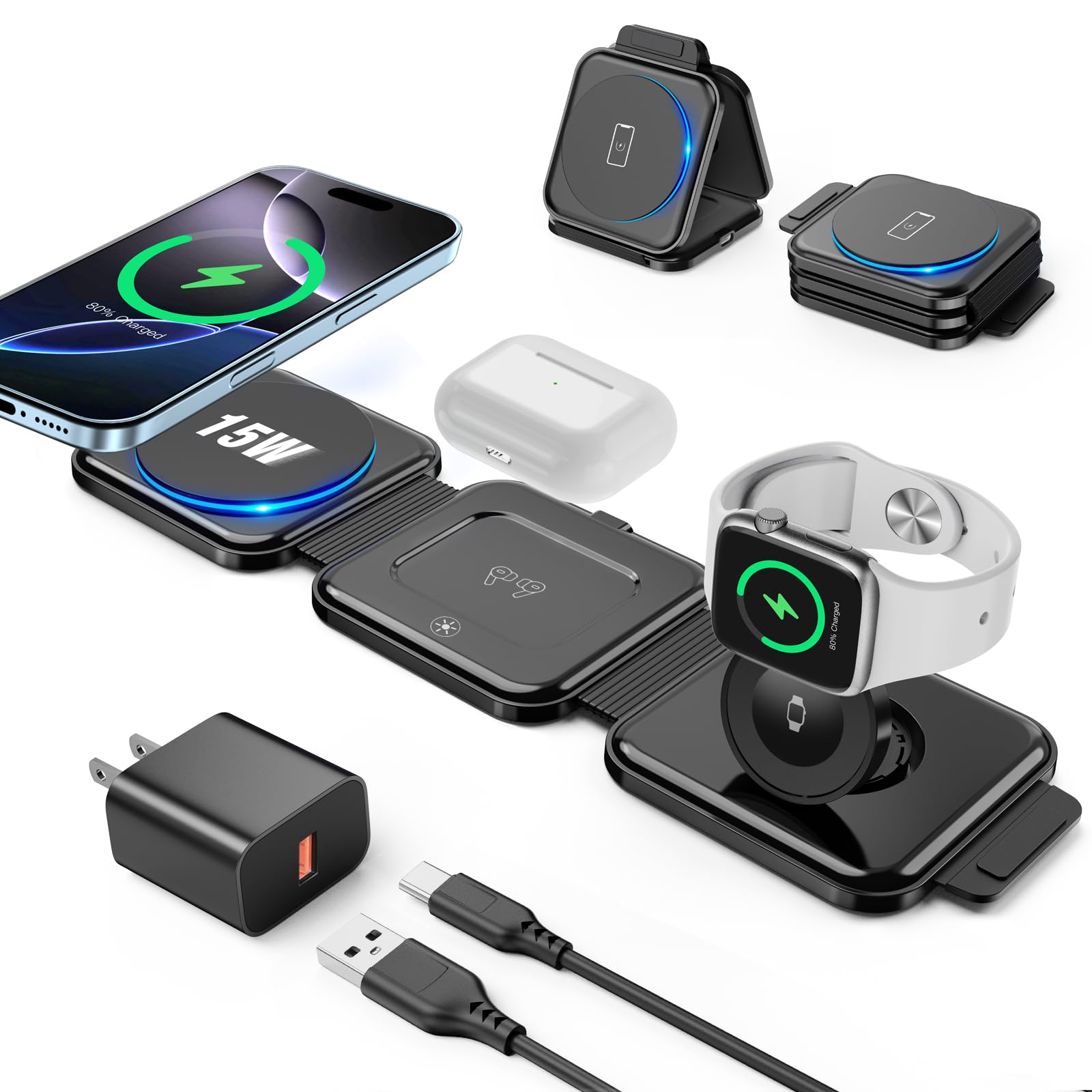 3-in-1 Wireless Charging Station for iPhone 16/15/14/13/12 Pro Max/Plus/Mini, AirPods 2/3/Pro & Apple Watch Ultra/8/7/SE/6/5 - 20W Fast Foldable MagSafe Charger Pad - Perfect for Travel, Office & Nightstand Charging
