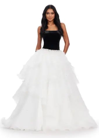 ASHLEYlauren 11564 Elegant Organza Ball Gown with Velvet Bustier & Beaded Details - Perfect for Prom, Quinceañera & Formal Evening Events