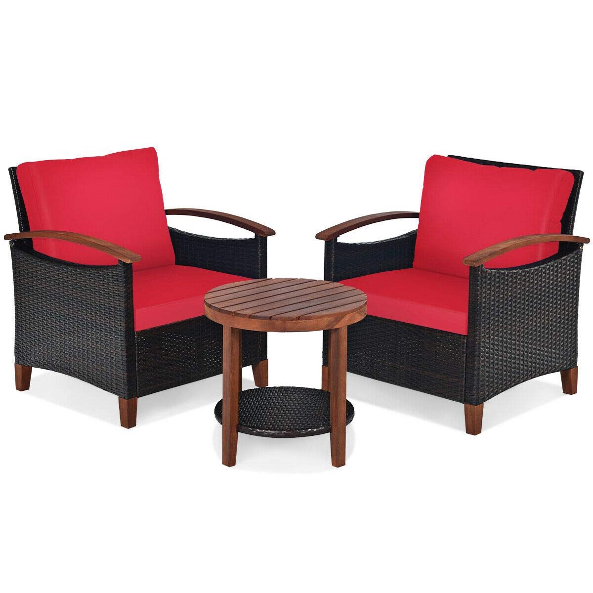 Outdoor Bistro Furniture Set - 2 Single Sofas & Round Coffee Table with Thick Cushions, Acacia Wood Frame - Perfect for Patio, Backyard, Garden, Balcony, Terrace & Poolside Relaxation
