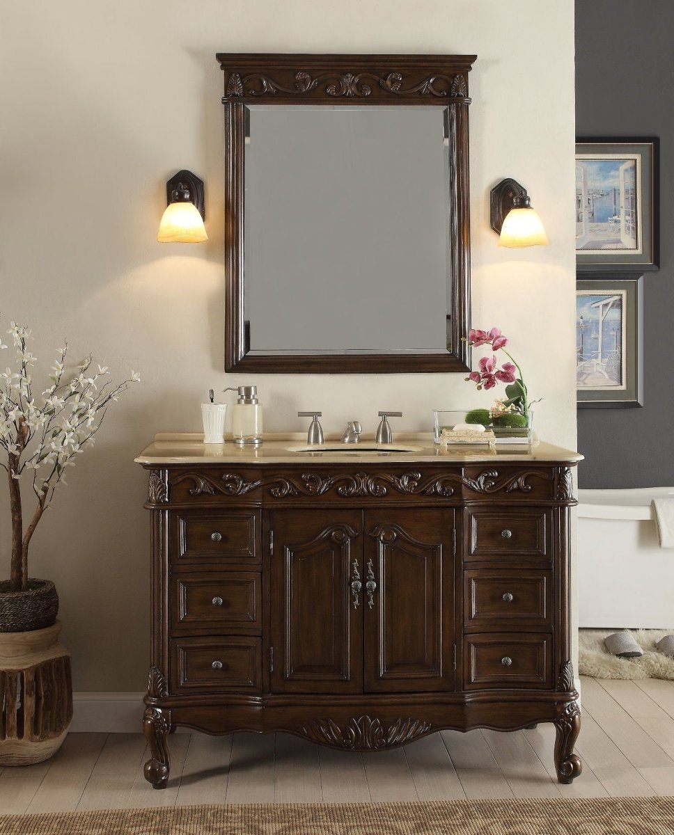 48 Inch Dark Brown Traditional Style Single Sink Cream Marble Bathroom Vanity with Soft-Close Drawers - Perfect for Master Bath, Guest Bath & Powder Room Renovations