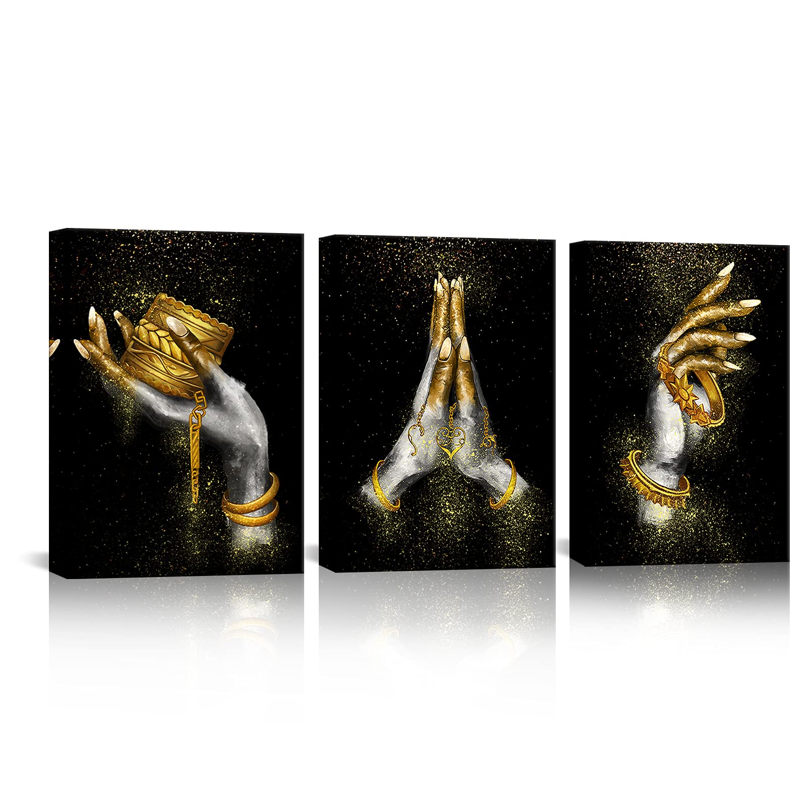 African American Wall Art Canvas Print - Gold & Black Woman Portrait with Hand Accessories, Framed Painting for Home, Bedroom & Bathroom Decor | Modern Black Girl Art Poster for Living Room & Office