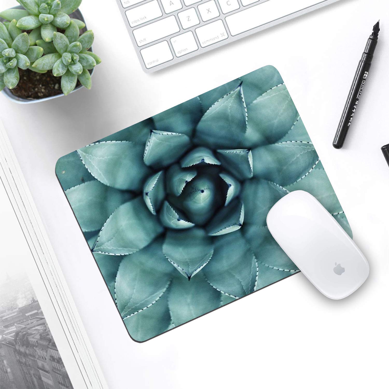 Green Aloe Succulent Plant Mouse Pad & Coasters Set - Non-Slip Rubber Base Rectangle Mouse Pad for Laptop, Computer & Office Accessories | Perfect for Home Office, Gaming & Workspace Decor