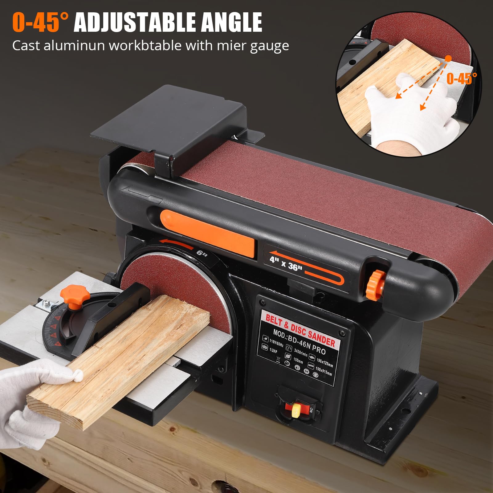 1/2HP Belt Sander for Woodworking - 4x36 Inch Sanding Belt & 6-Inch Disc - Heavy Duty Cast Iron Base with Bench Mount | Perfect for Furniture Refinishing, DIY Projects & Professional Wood Shops