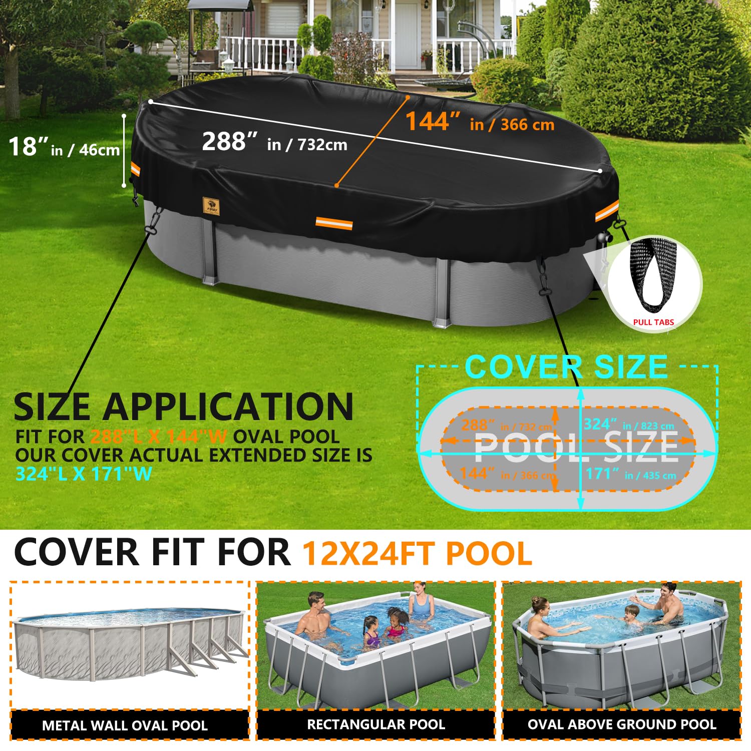 12x24ft Rectangle Above Ground Pool Cover - Heavy Duty 420D Polyester Winter Pool Cover for Oval Pools | Waterproof, Tearproof & UV-Resistant with Ground Nail Sets | Perfect for Winter Protection & Summer Solar Heating