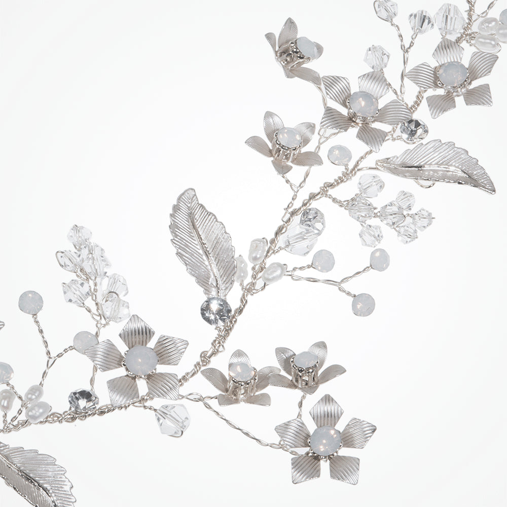 Opaline Crystal Hair Vine with Ice Rose and Leaves - Elegant Bridal Hair Accessory for Weddings, Prom, and Special Occasions