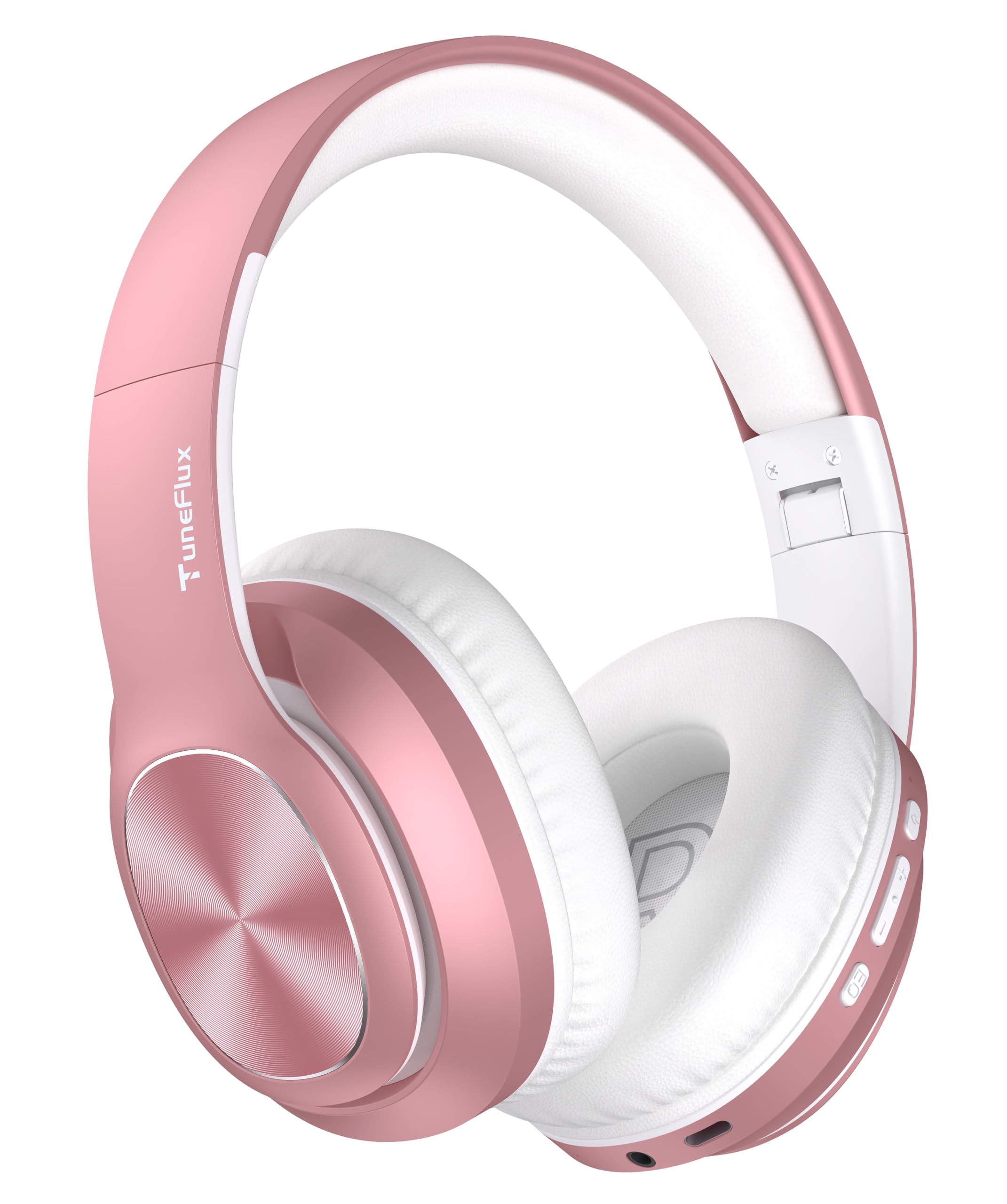 TuneFlux Wireless Bluetooth Over Ear Headphones with 80H Playtime, 3EQ Sound Modes, HiFi Stereo & Deep Bass - Foldable Bluetooth 5.3 Headset for Smartphone, PC, Laptop - Rose Gold | Perfect for Travel, Workouts & Home Office Use