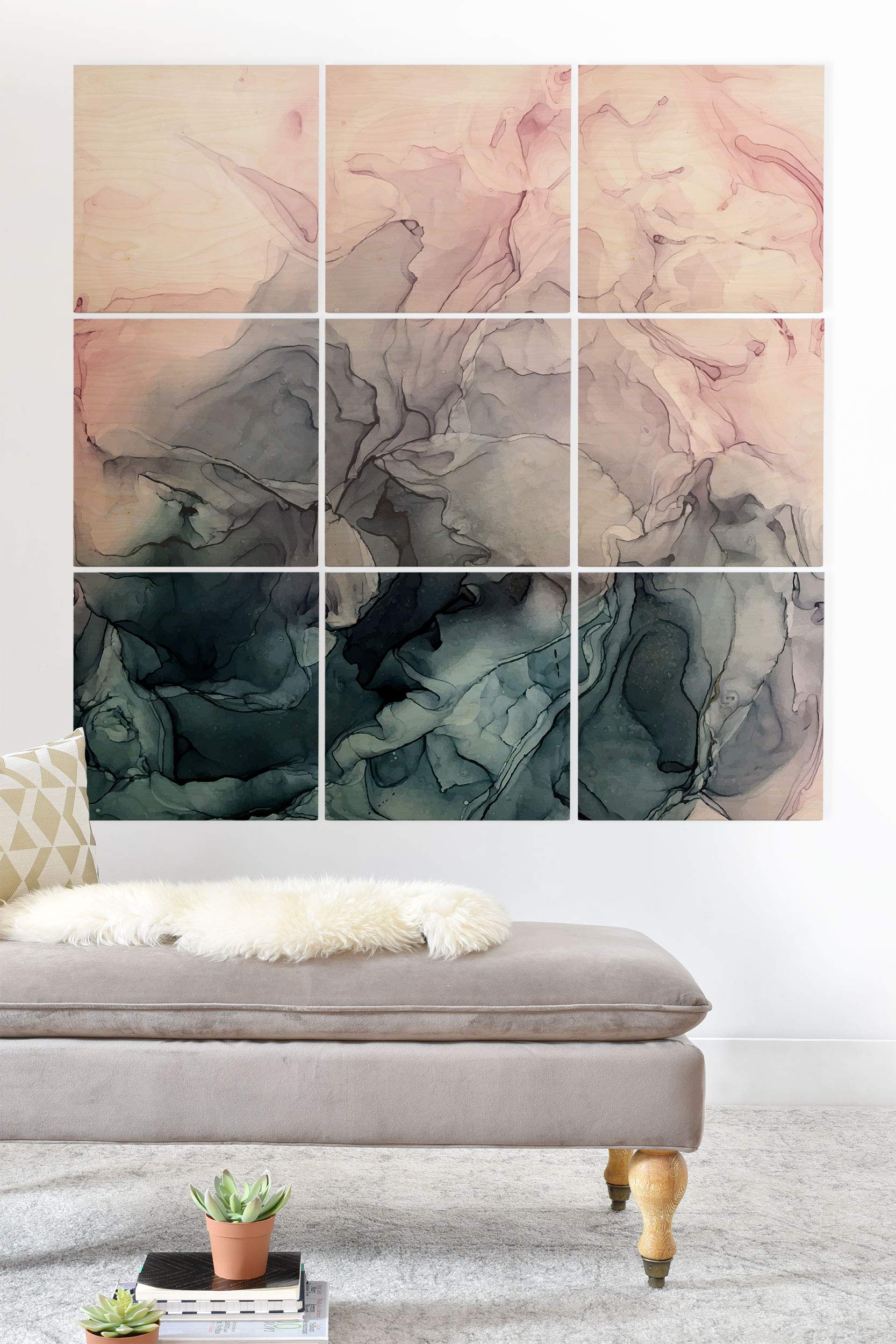 Elizabeth Karlson Blush & Payne's Grey Abstract Wood Wall Mural - 3'x3' Flowing Art Painting for Living Room, Bedroom & Office Decor