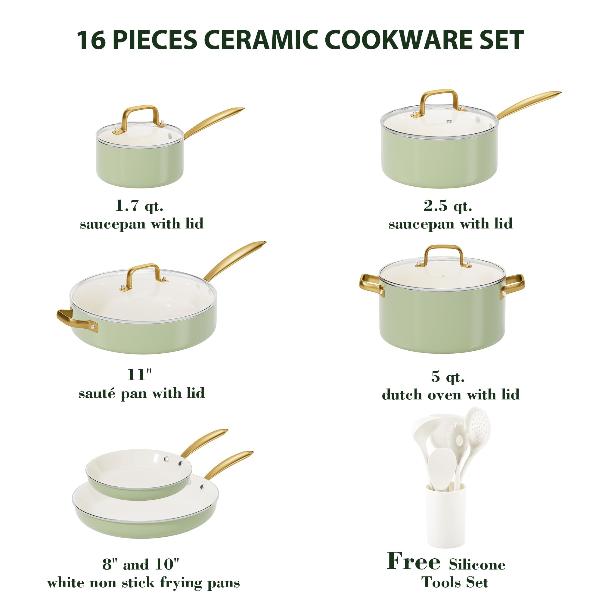 VONIKI 10-Piece Non-Toxic Ceramic Cookware Set with Pots, Pans & Utensils - Nonstick Dutch Oven, Saucepan, Sauté Pan & Frying Pan for Healthy Cooking | Perfect Kitchen Gift Set for Home Chefs & Cooking Enthusiasts