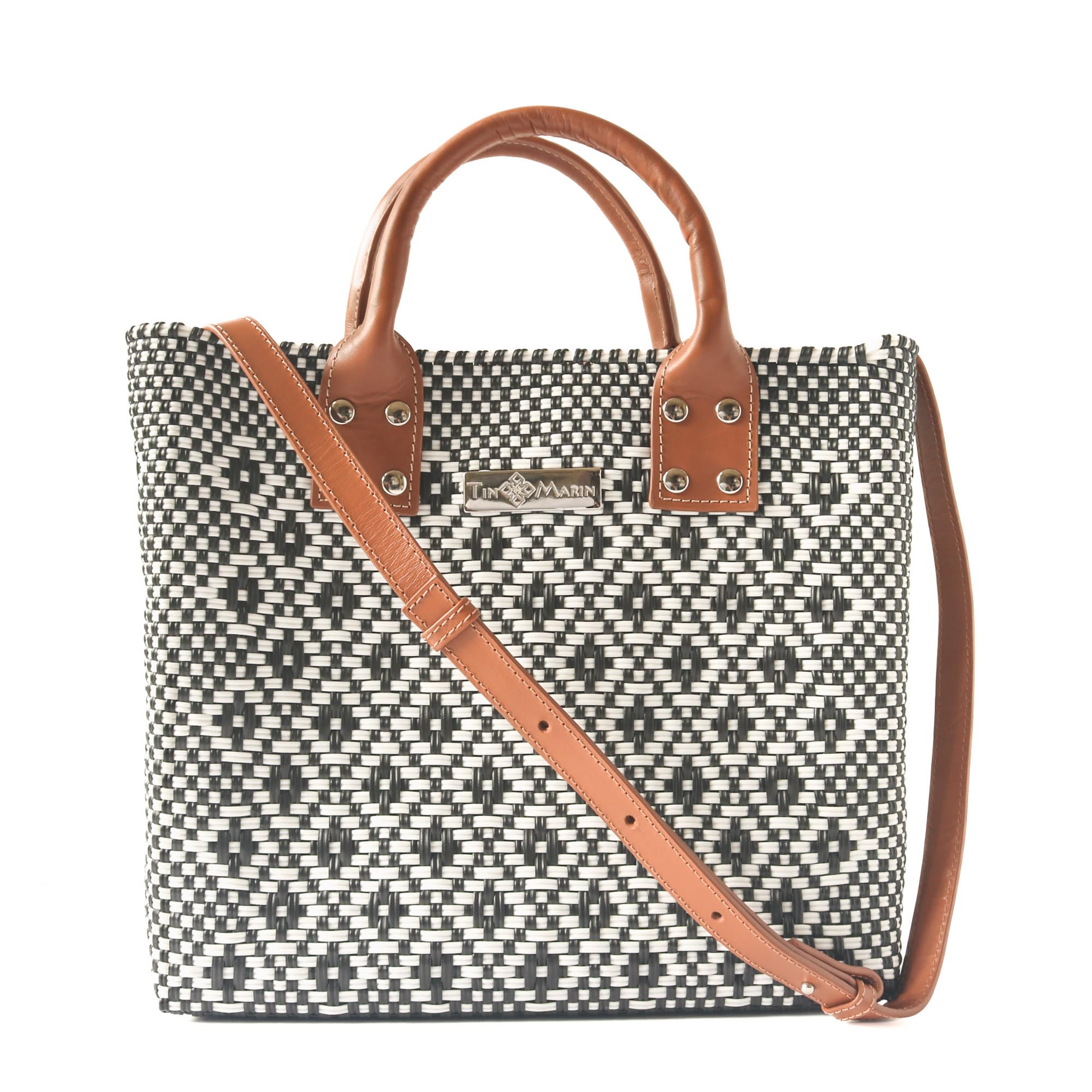 Eco-Friendly Panda Large Woven Crossbody Bag with Tan Leather Handles - Handwoven Recycled Plastic Purse, Mexican Woven Tote for Women | Perfect Summer Bag, Work Bag & Everyday Purse for Office, Travel & Shopping