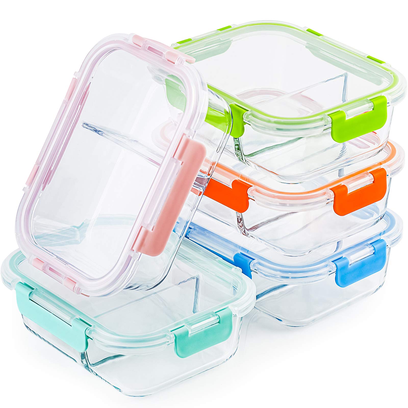 Crest Glass Meal Prep Containers 2 Compartment Set - 5-Pack 34oz Bento Boxes for Adults with Lids | Reusable Divided Glass Lunch Containers for Office, Meal Prepping & Healthy Eating