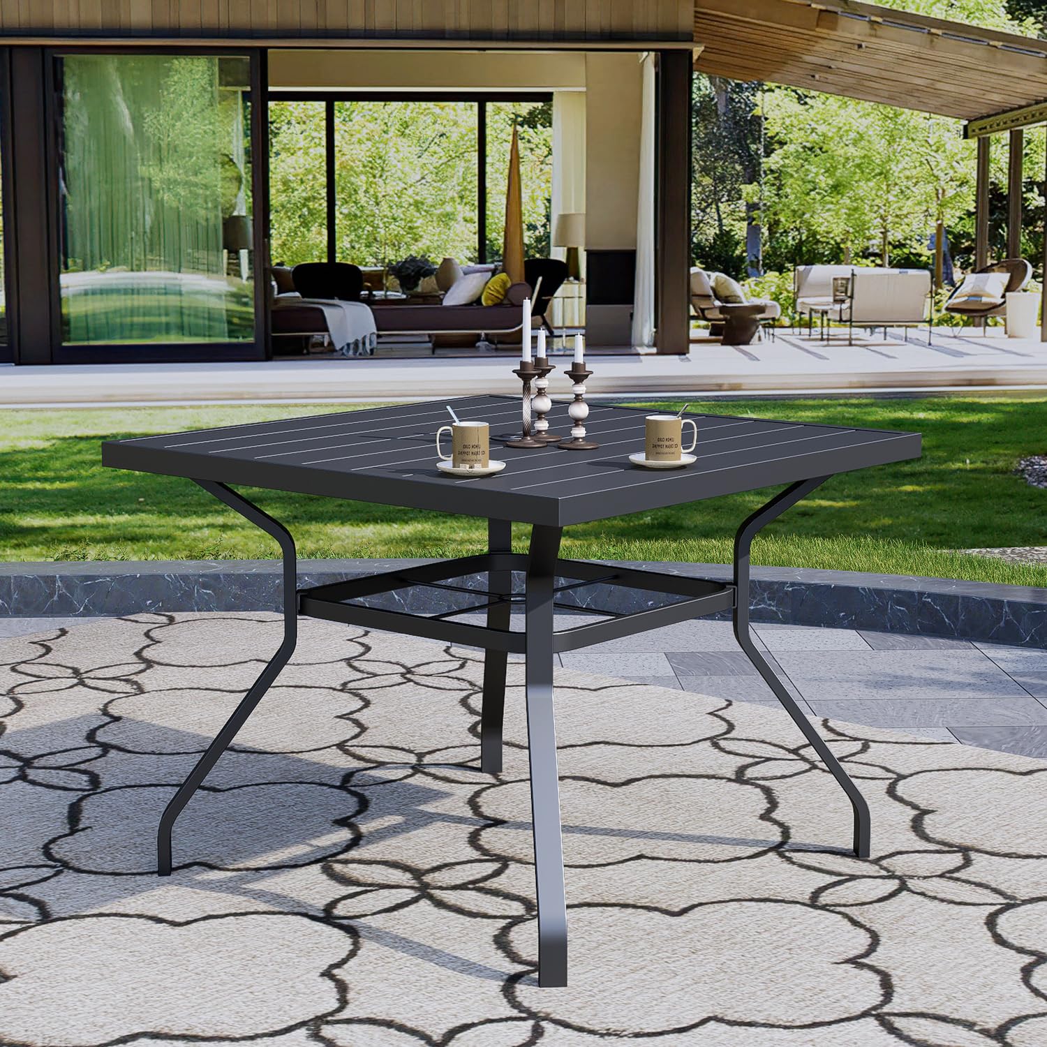 Outdoor Square Bistro Table 37x37 Inch - Black Metal Steel Picnic Table with 1.57