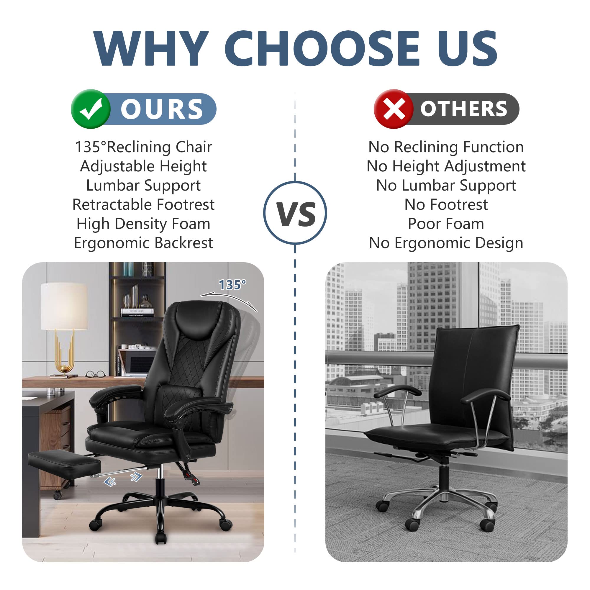 Premium Big and Tall Executive Office Chair with Adjustable Footrest & Reclining Function - High Back Ergonomic Leather Desk Chair for Home Office (Black) - Perfect for Long Work Hours, Video Conferences & Relaxation Breaks