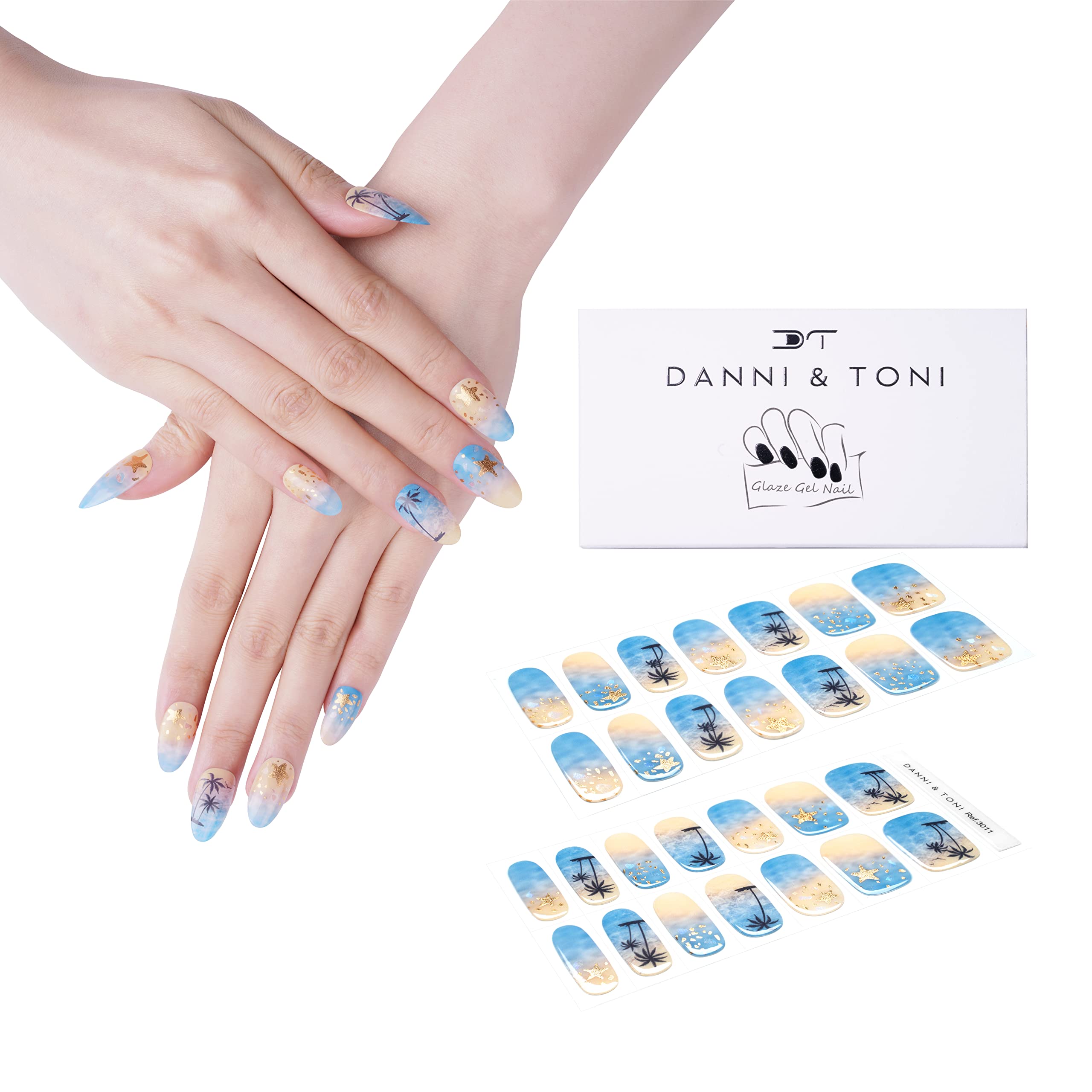 DANNI & TONI Semi Cured Gel Nail Strips - Summer Coconut Tree Design, Beach Nail Art Stickers (28 Count) | Easy DIY Manicure for Vacation, Pool Party & Tropical Nail Looks