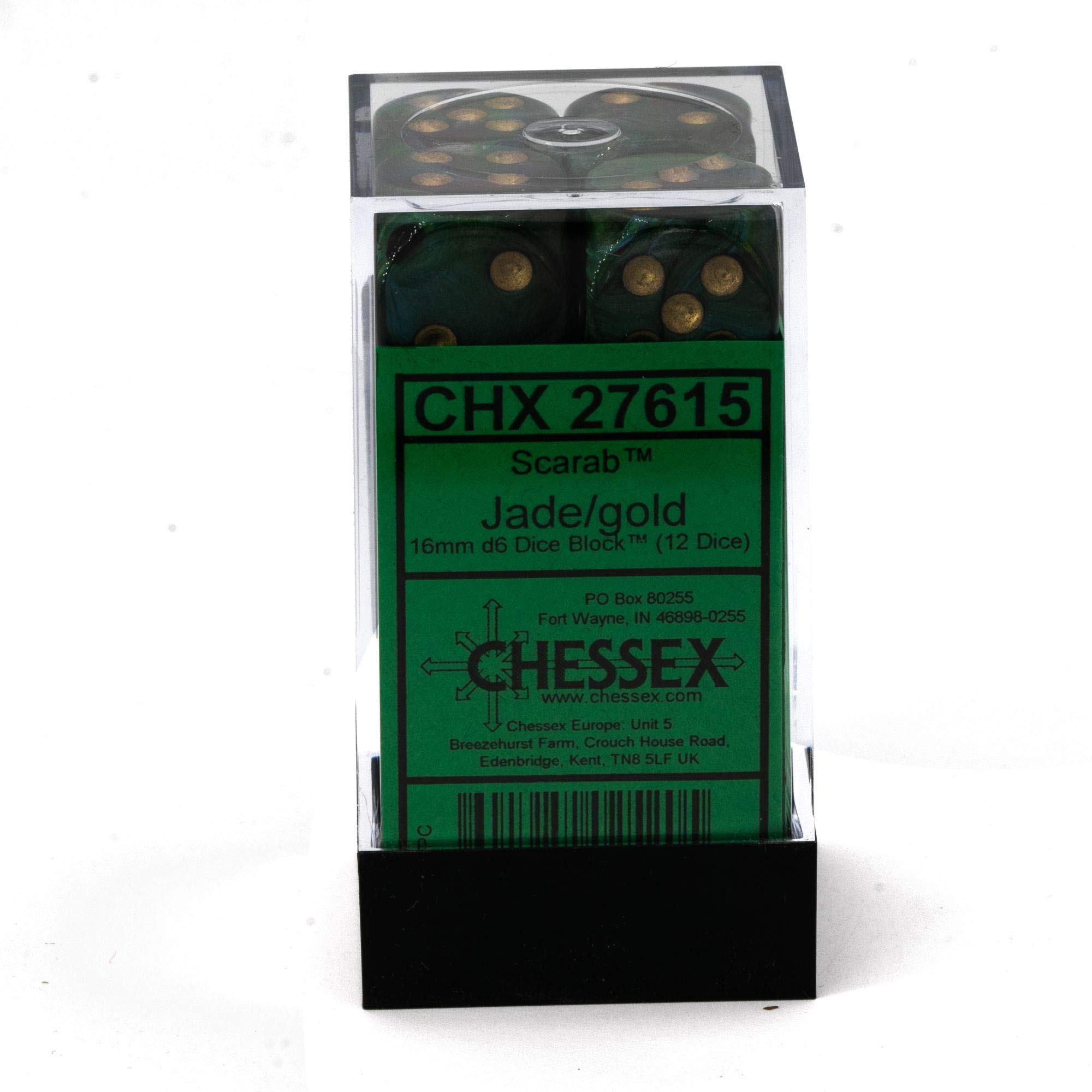 Scarab 16mm D6 Jade and Gold Dice Set - 12 Pipped Dice for Dungeons & Dragons, RPG Gaming, and Tabletop Board Games